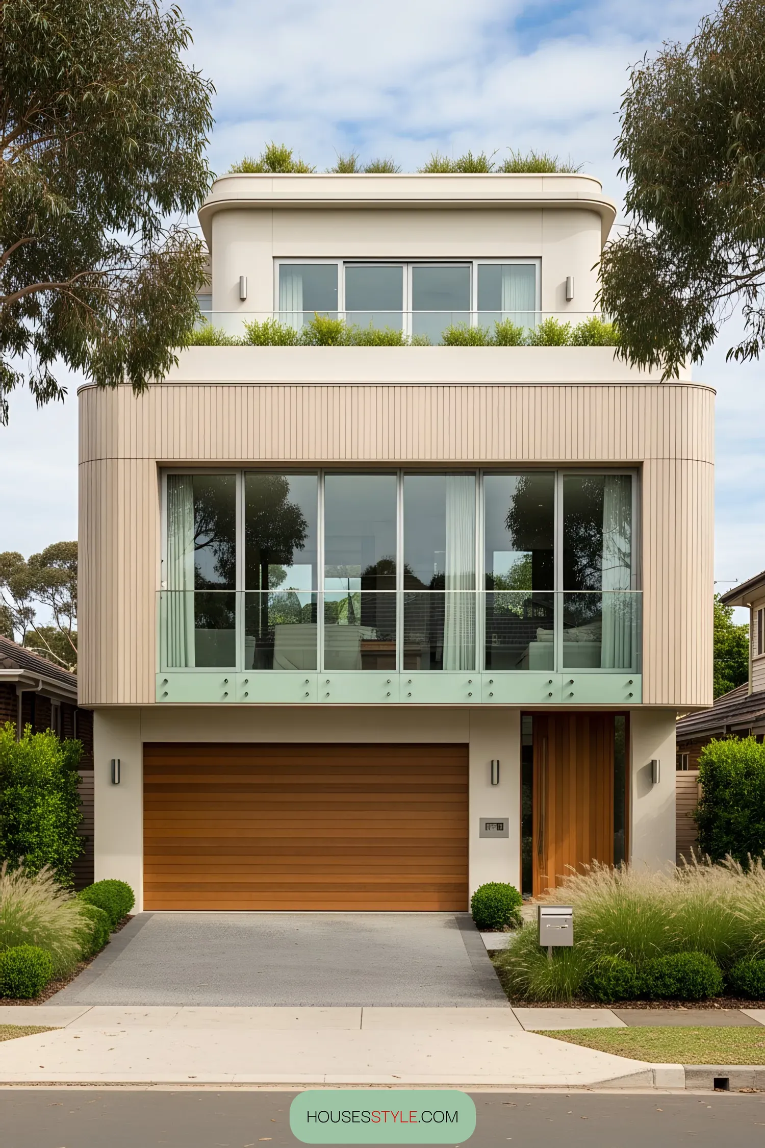 Modern coastal house with large glass windows and rooftop greenery