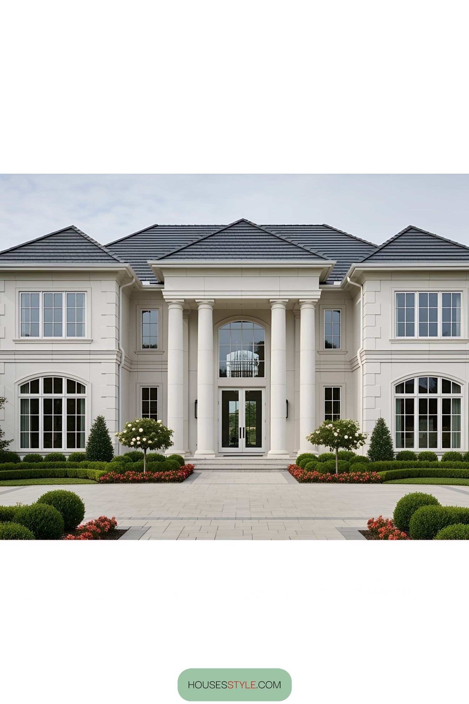 Luxurious mansion with grand columns and elaborate landscaping