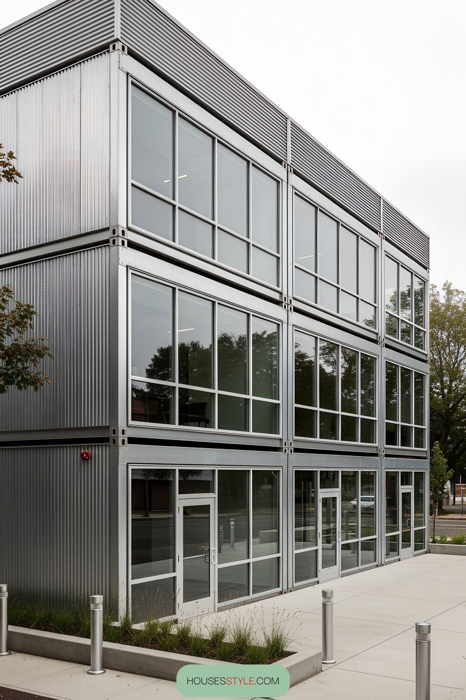 Sleek steel container office with large windows