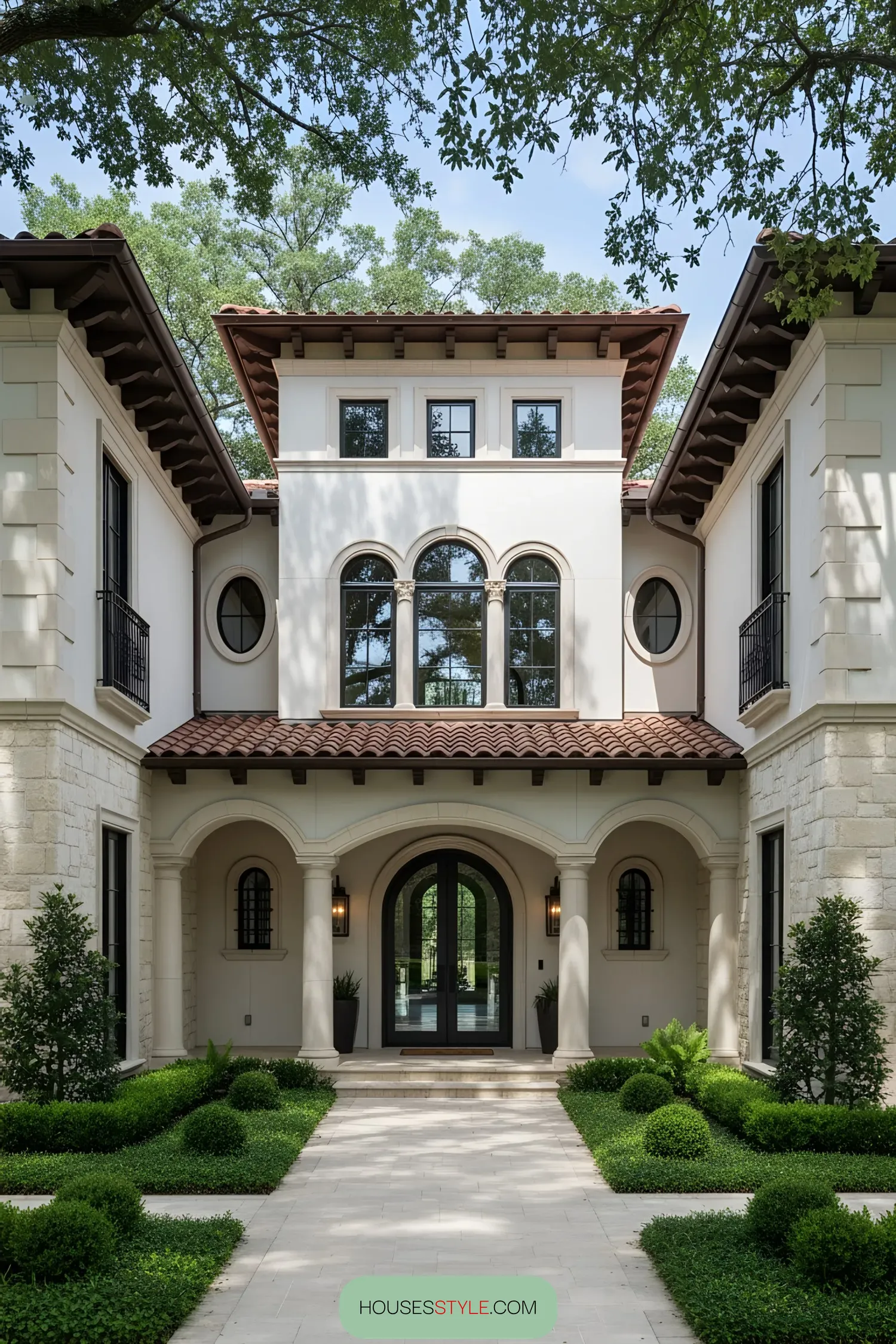 Modern Tuscan villa with arches and a red-tiled roof