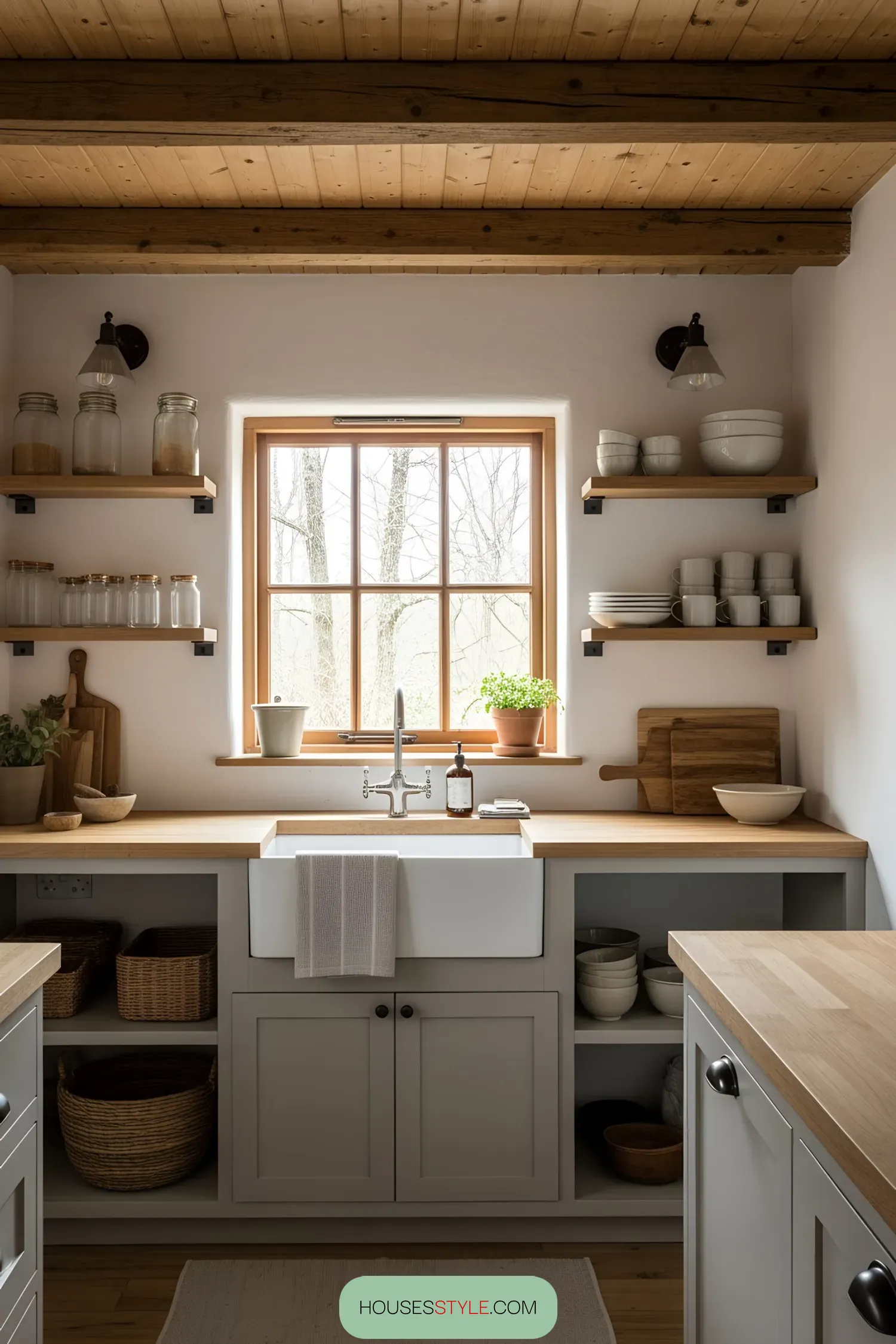 Bright kitchen with wooden shelves and window