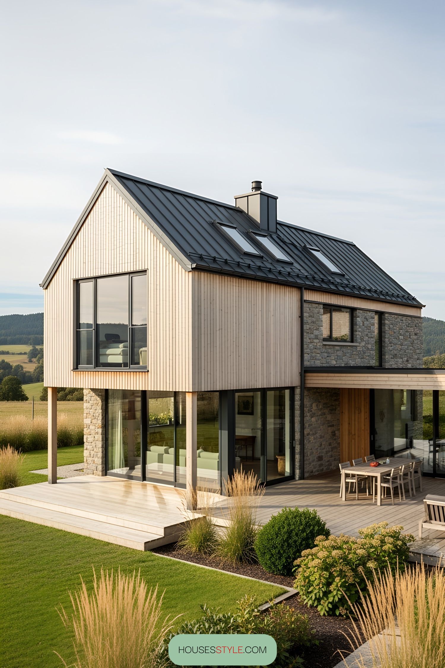 Contemporary chalet bungalow with wood and stone exterior