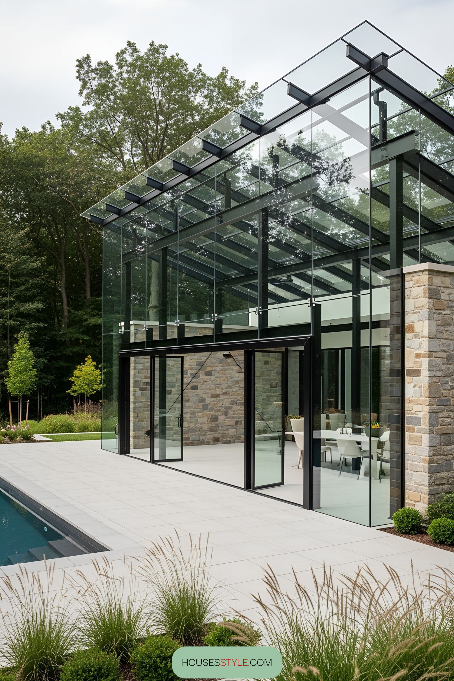 Spacious and modern glass terrace overlooking a pool