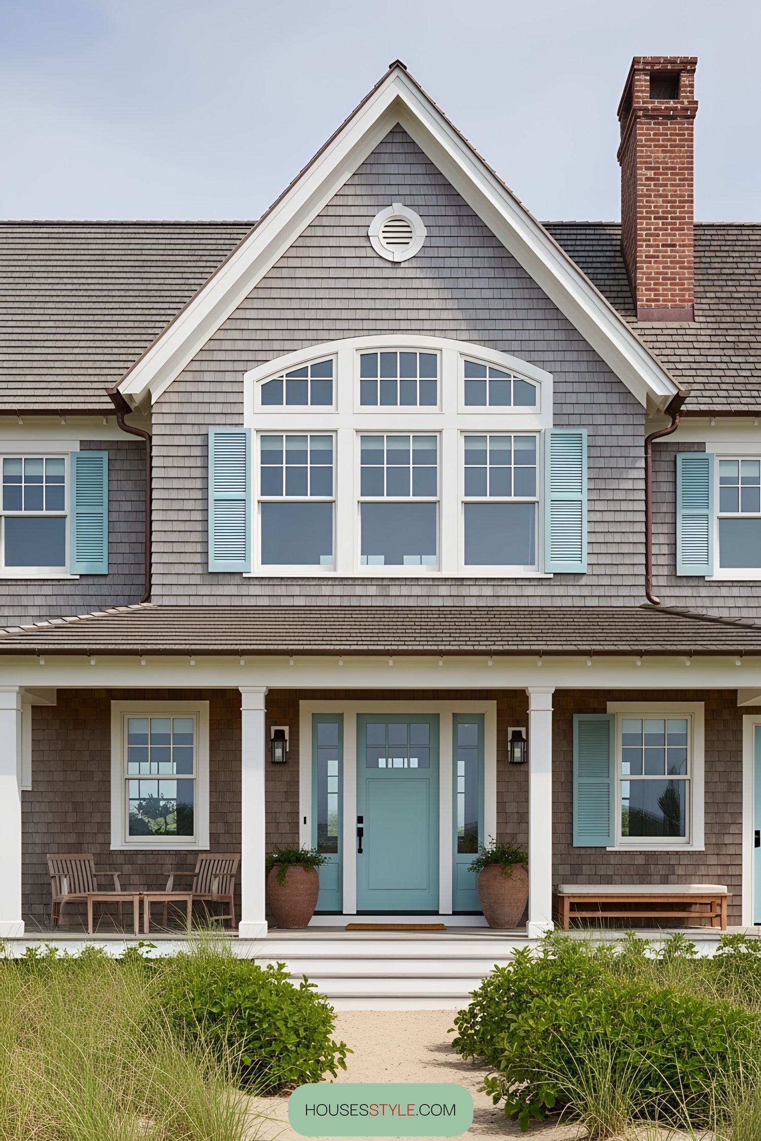 Charming coastal home with pastel shutters and a warm, inviting entrance