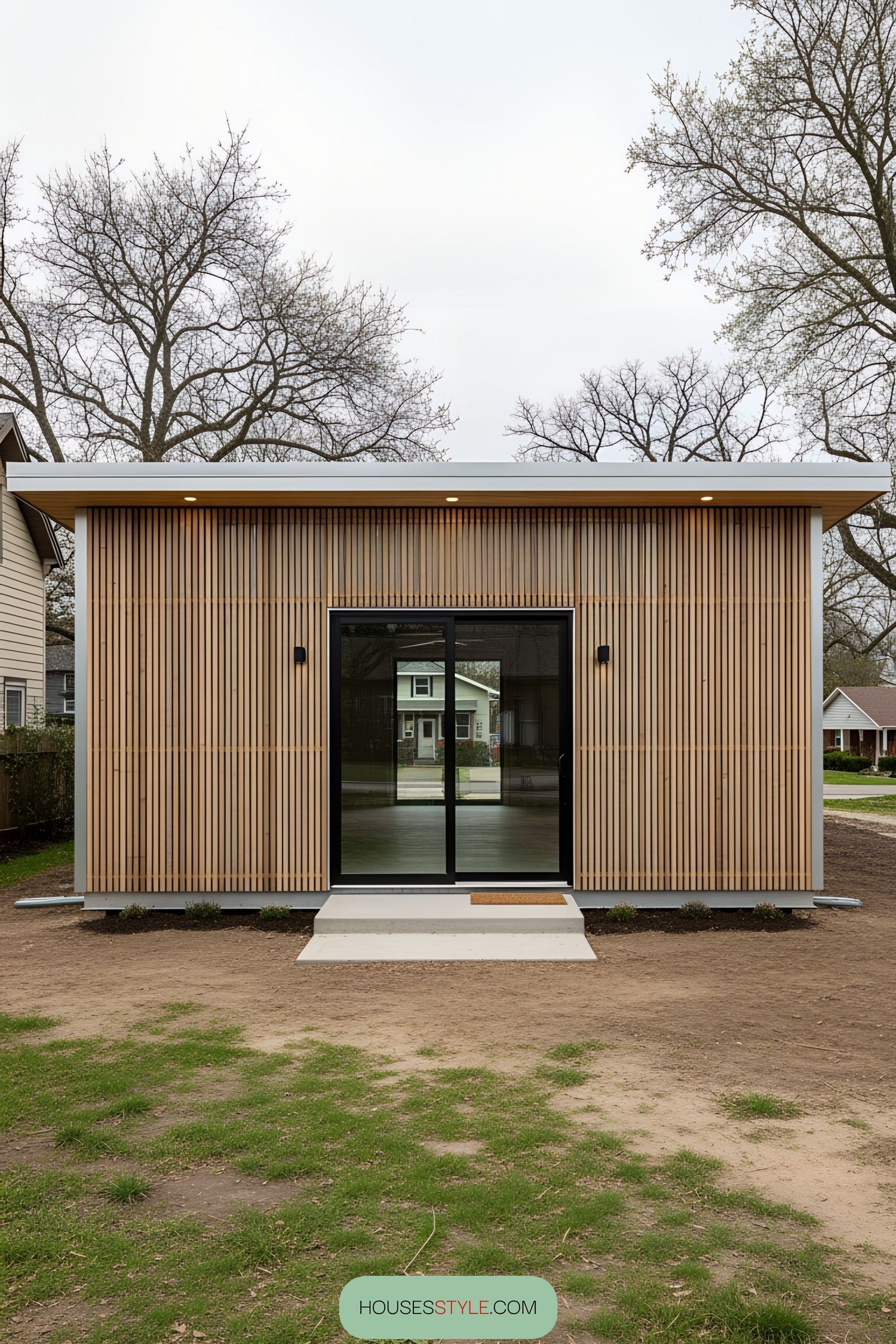 Small wooden building with glass doors