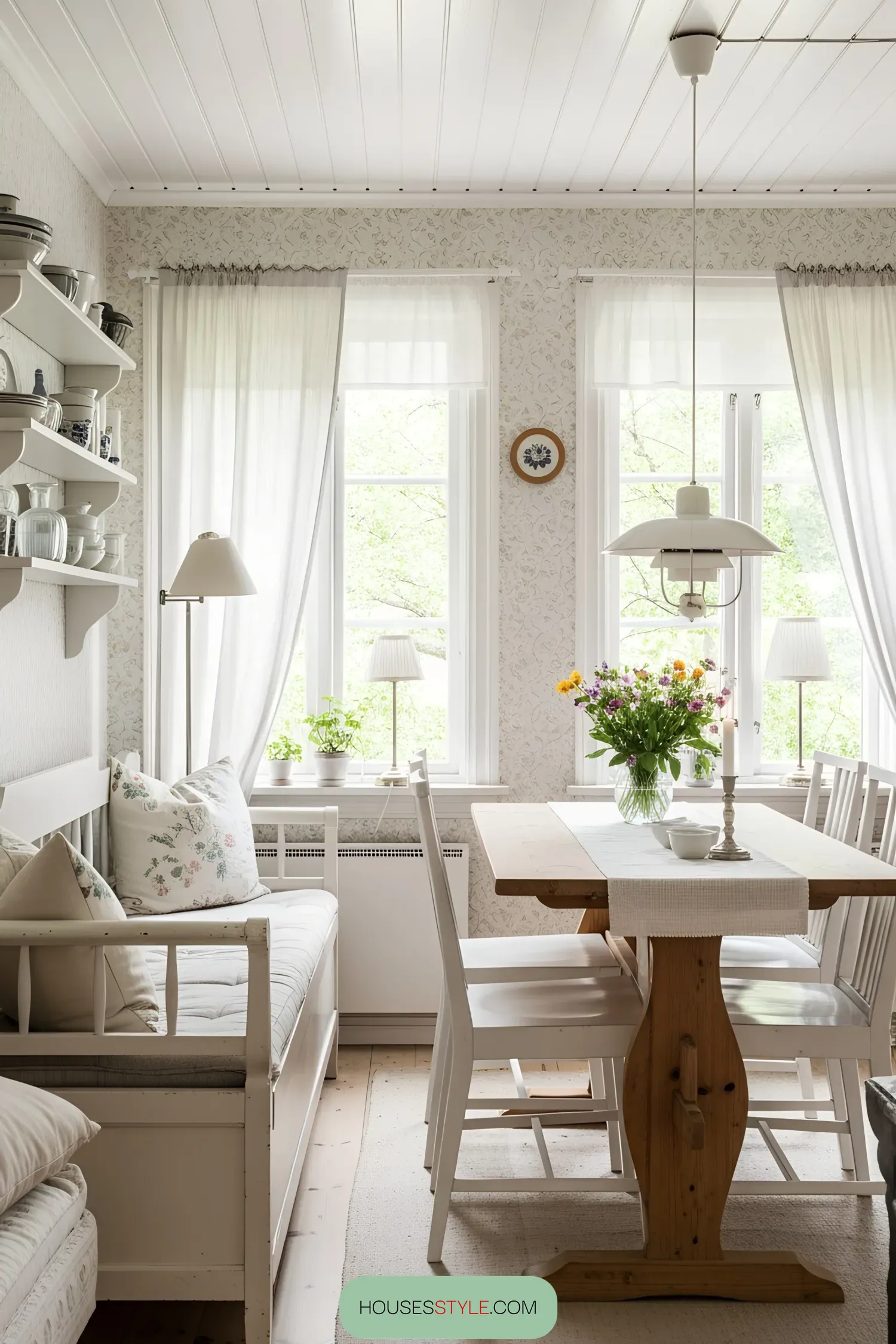 Bright, cozy dining area with white furniture and natural light