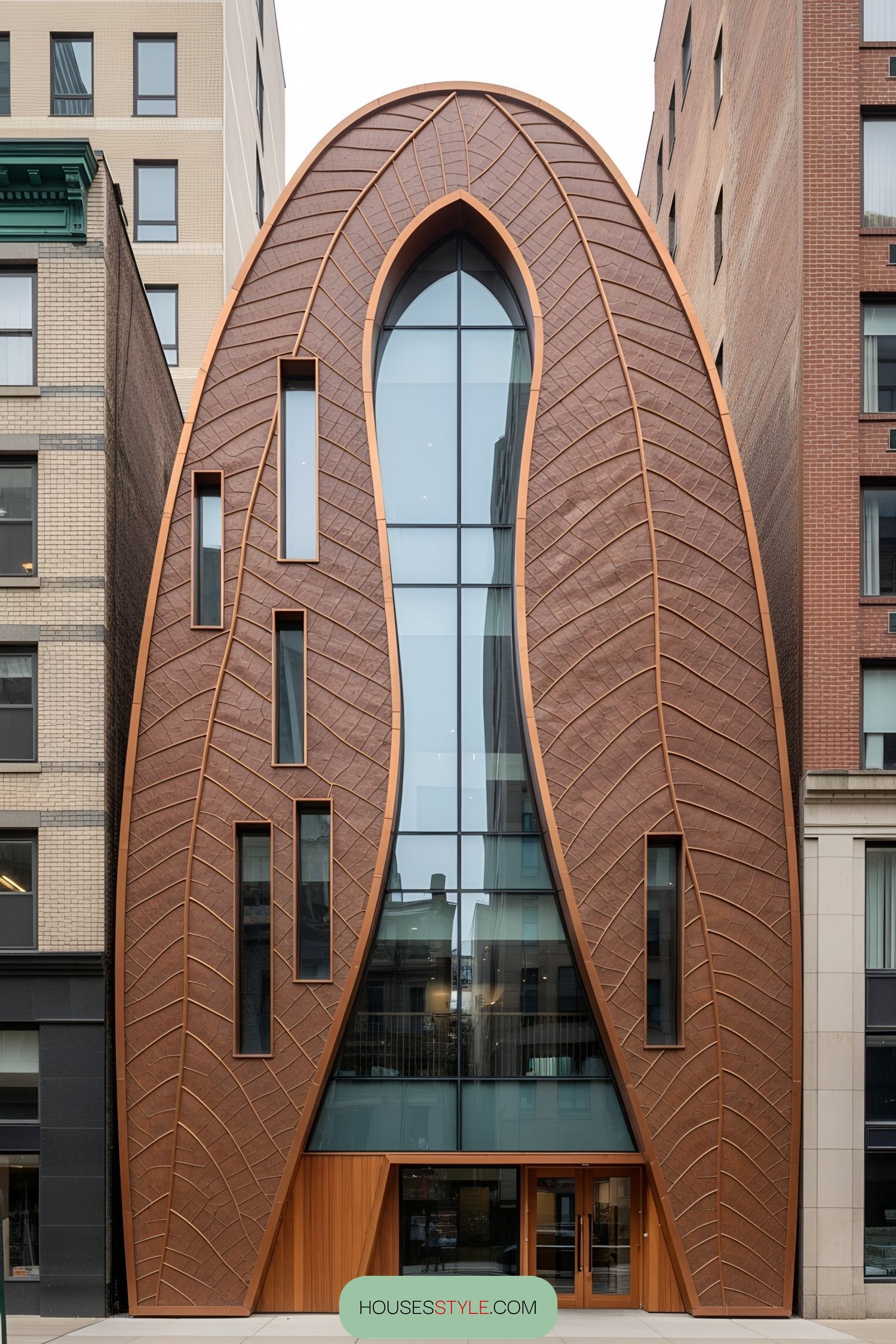 Unique building with leaf-shaped facade between taller structures
