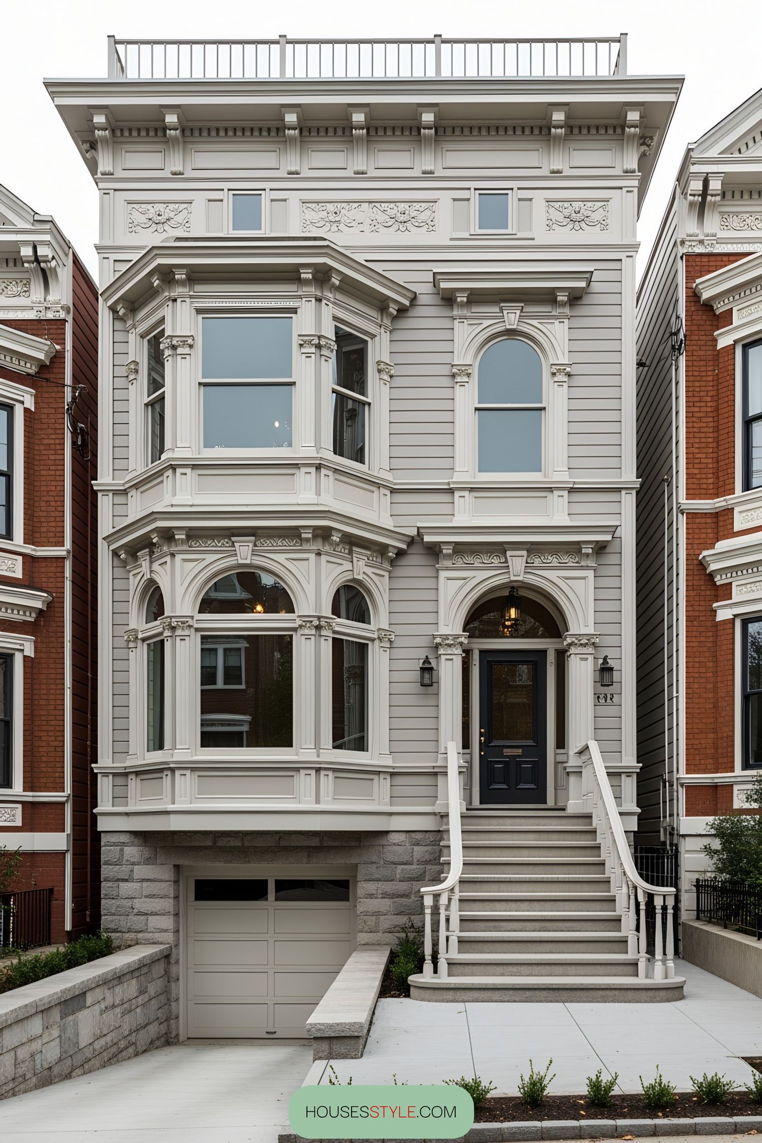 Gray Victorian villa with bay windows and ornate detailing
