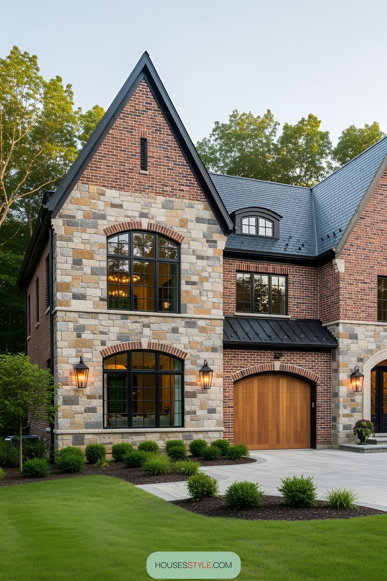 Brick farmhouse with stone accents and arched windows