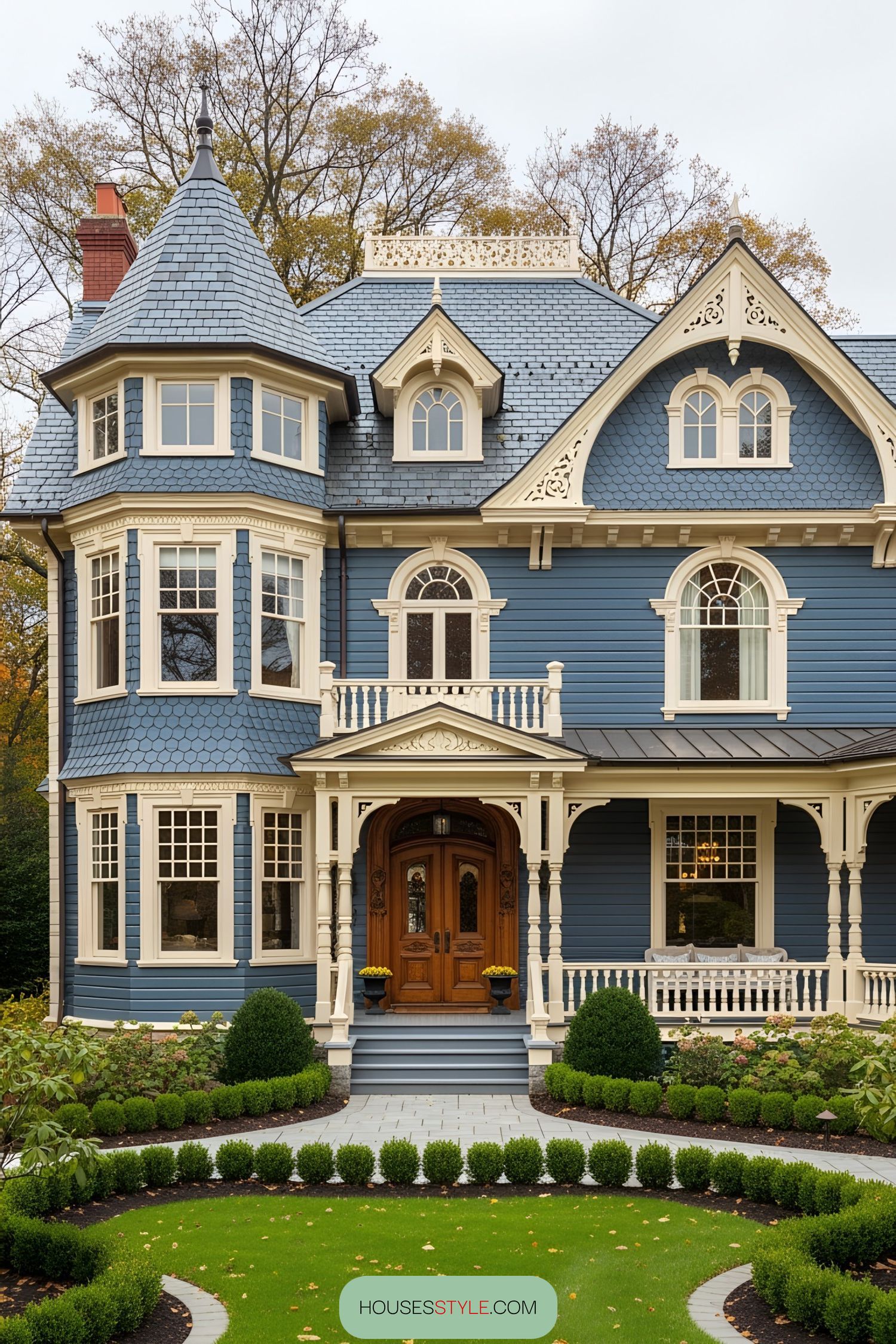 A large blue Victorian villa with a turret and detailed trim
