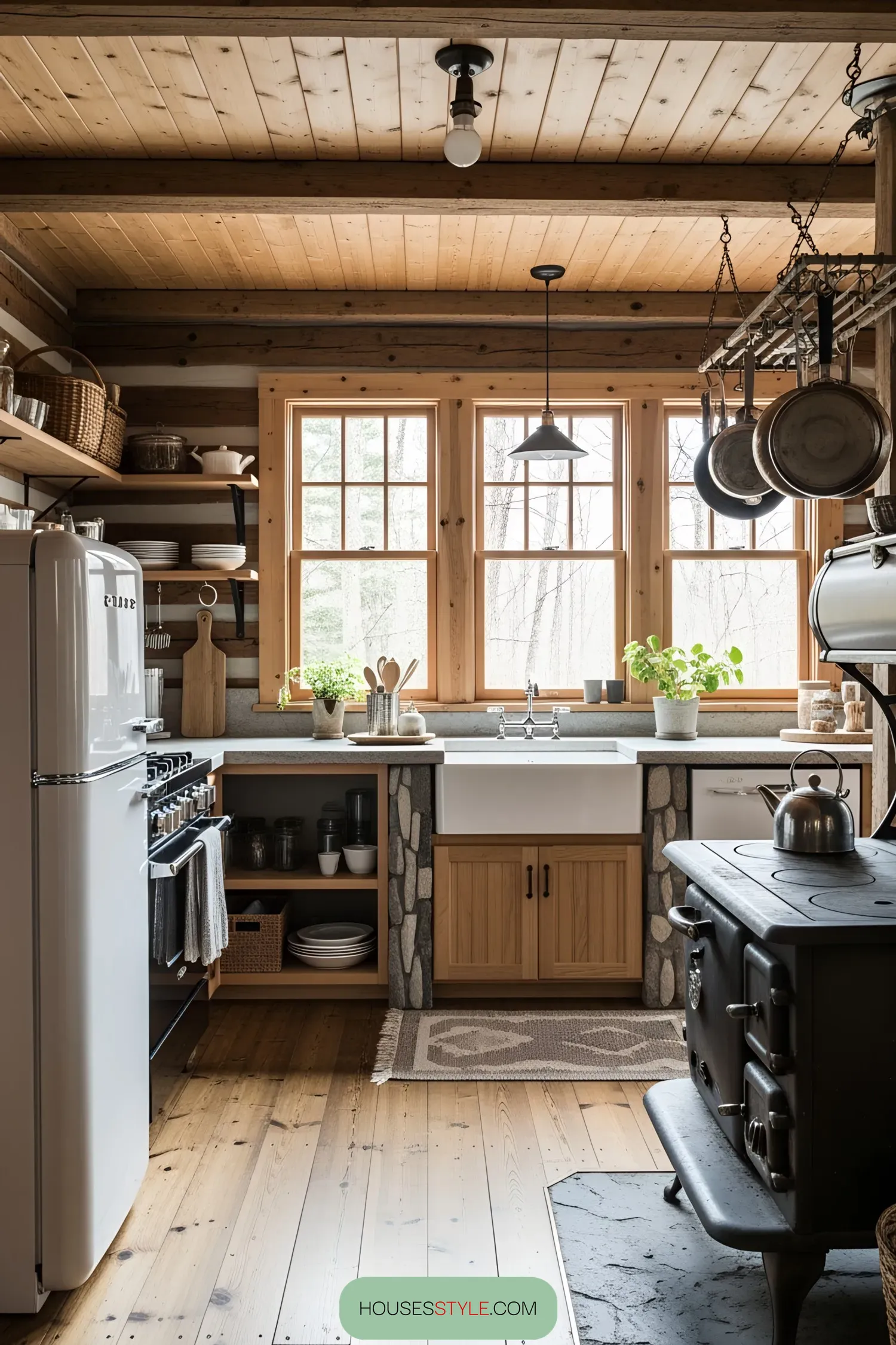 Cozy kitchen with wood beams, hanging pans, and bright windows