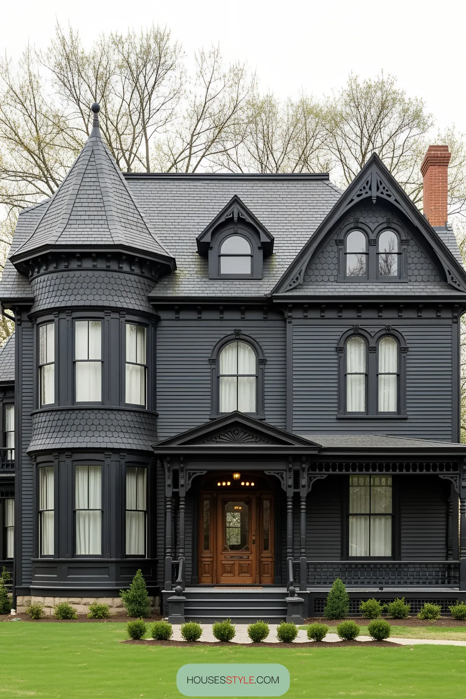 Stately black Victorian house with turret and ornate woodwork