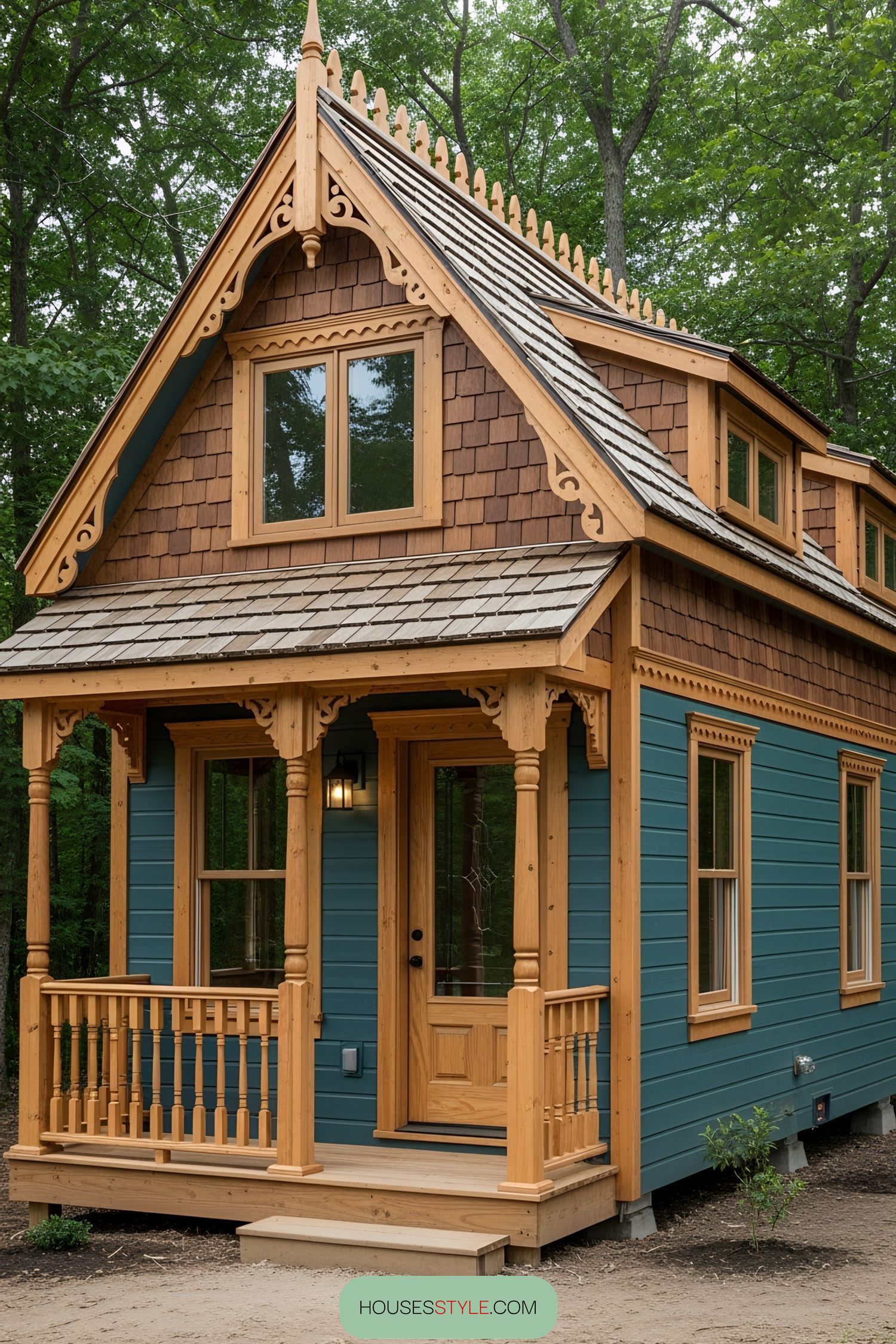Tiny Victorian house with ornate details and blue siding