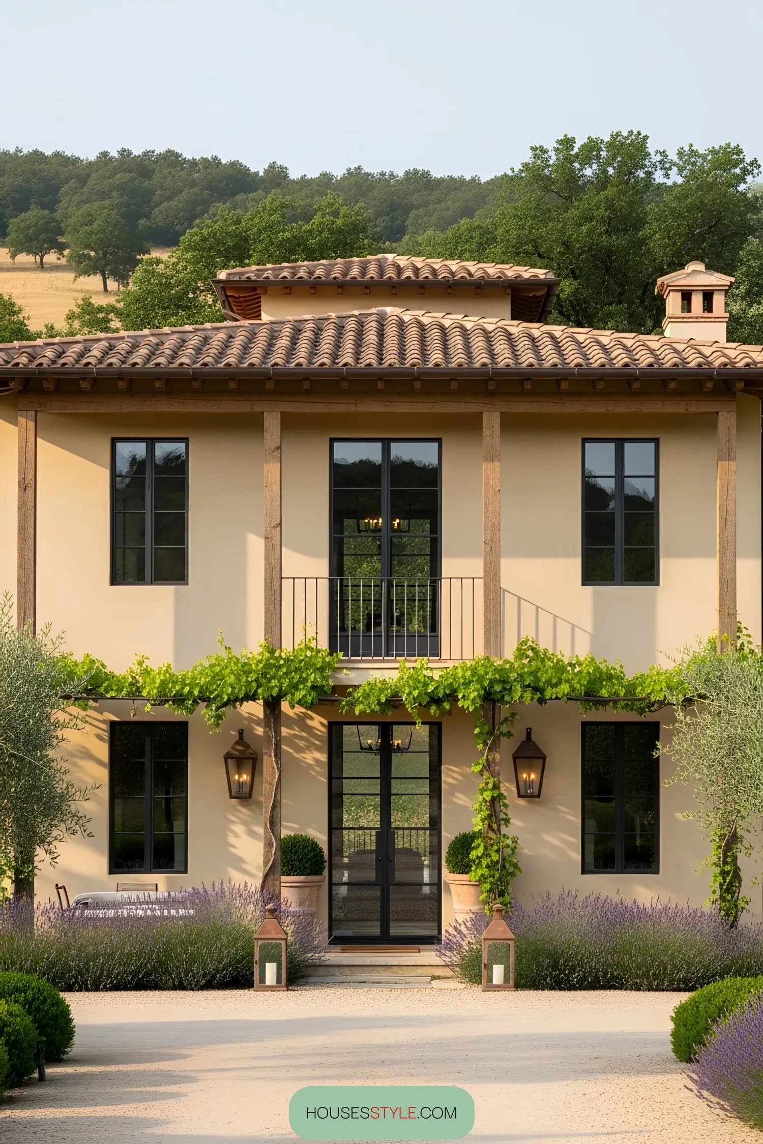 Modern Tuscan villa with greenery and lavender
