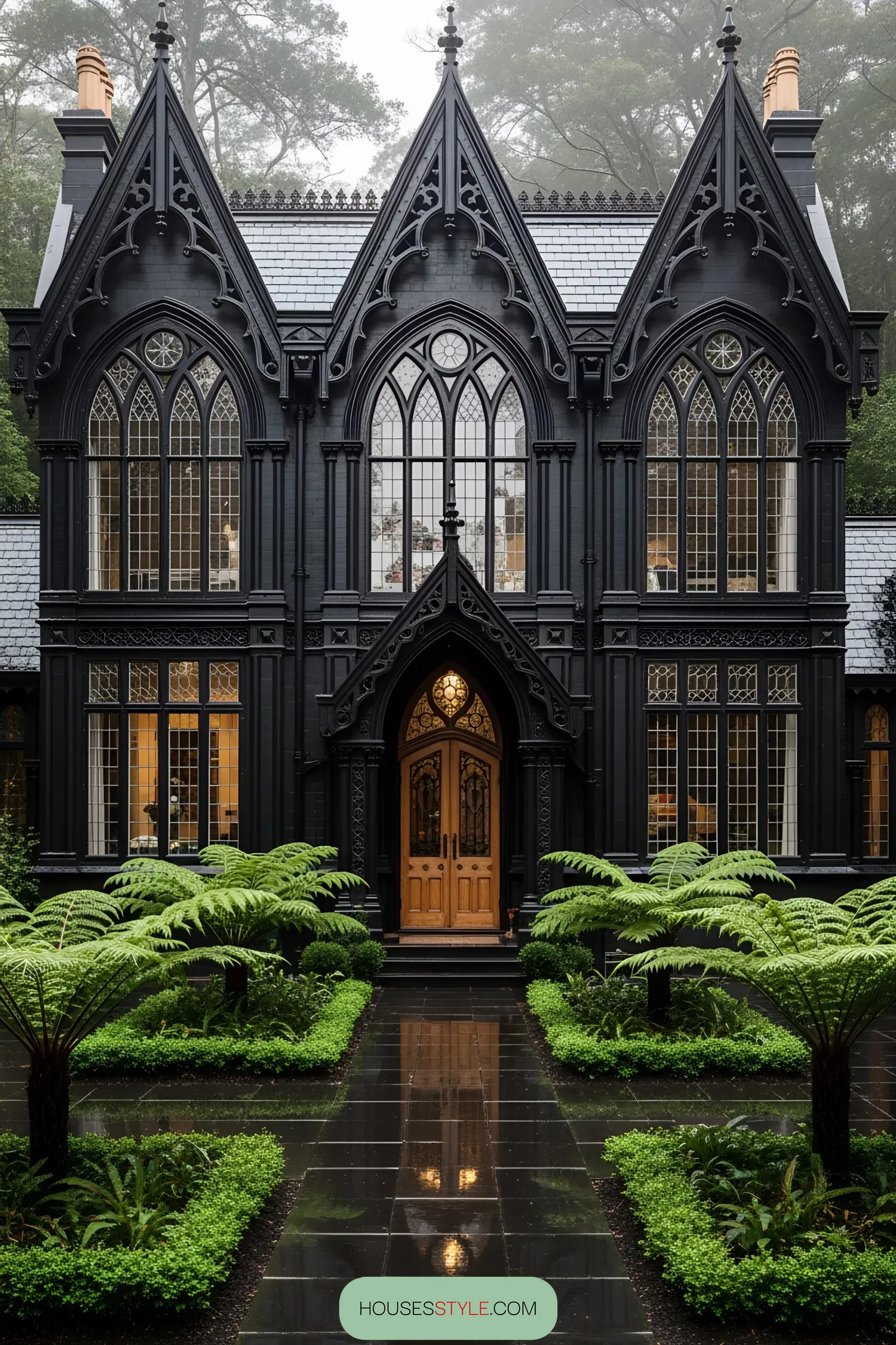Black Victorian house with gothic windows and lush greenery