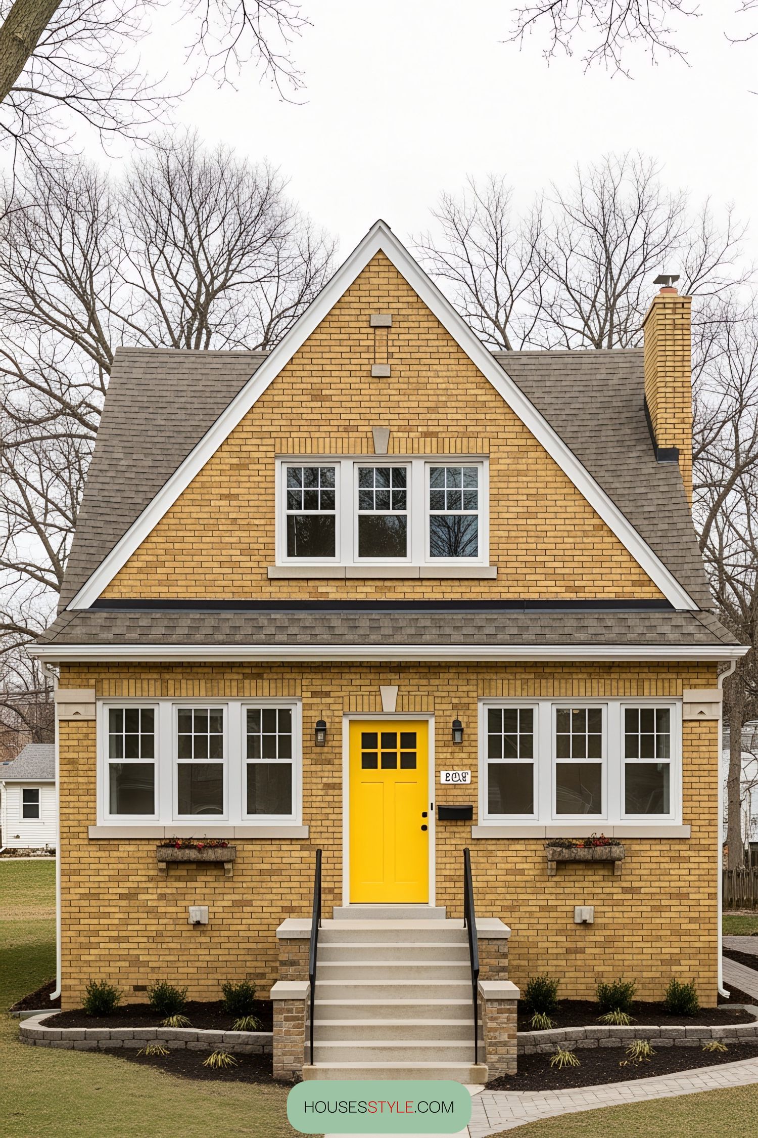 Front view of a yellow brick bungalow with a vibrant yellow door