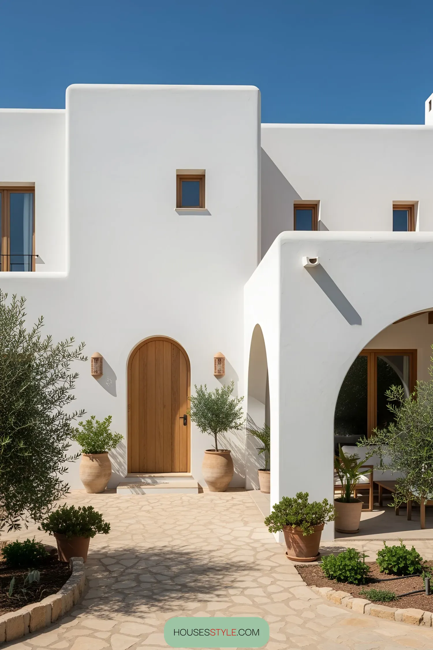 White Mediterranean house with wooden accents and potted plants