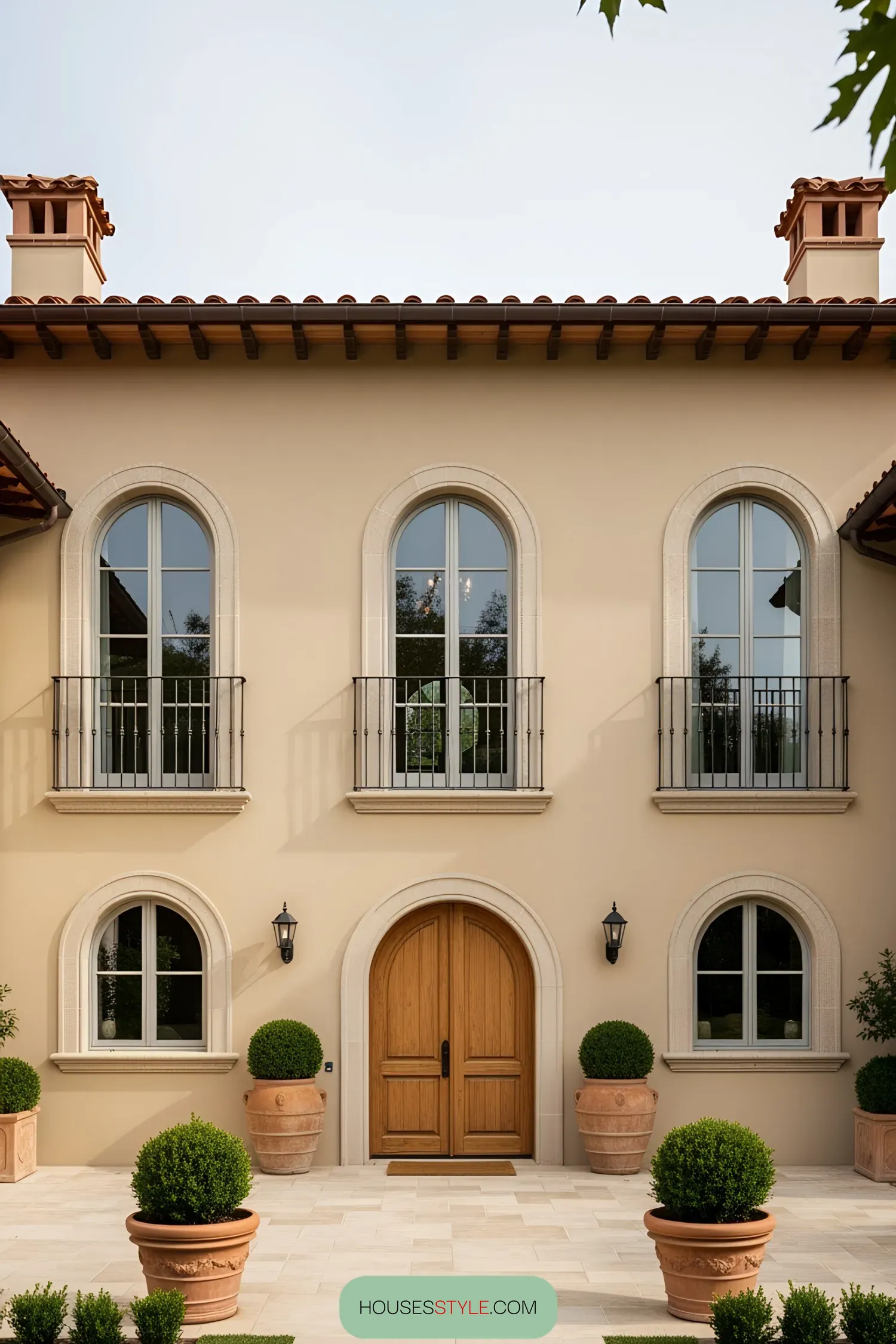 Elegant modern Tuscan villa with arched windows and a wooden door
