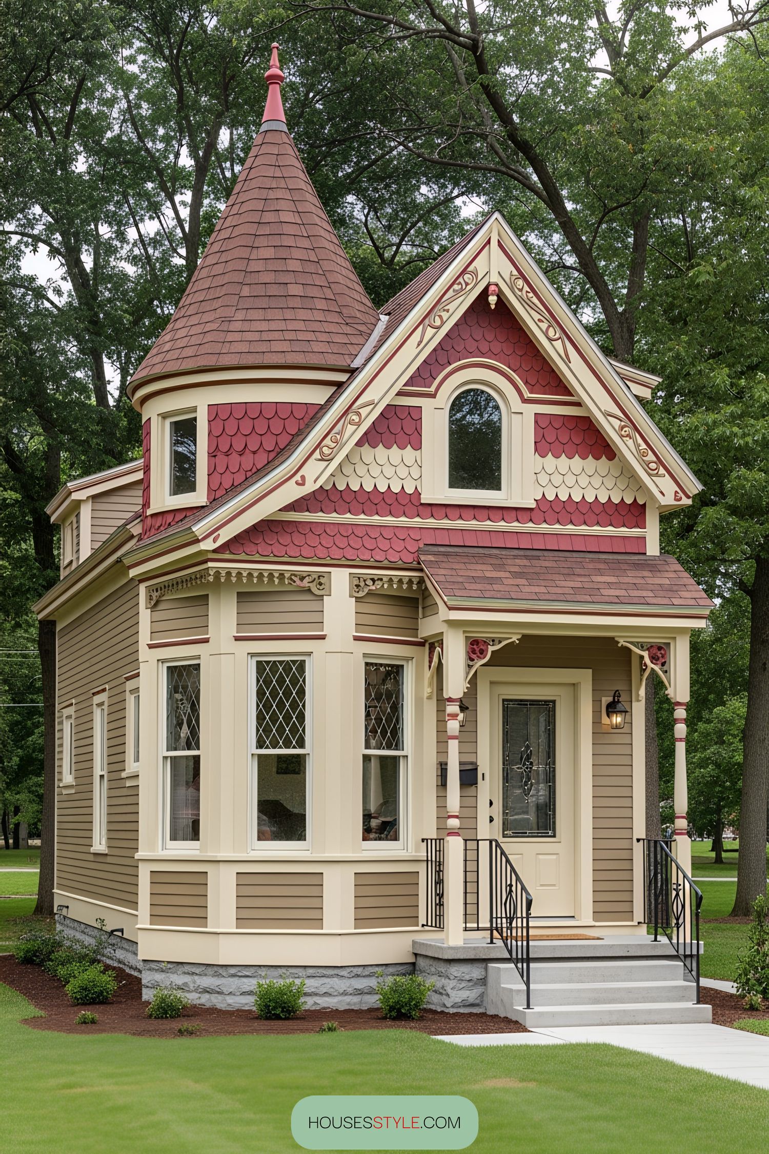 Quaint Victorian tiny house with a pointed turret and ornate details