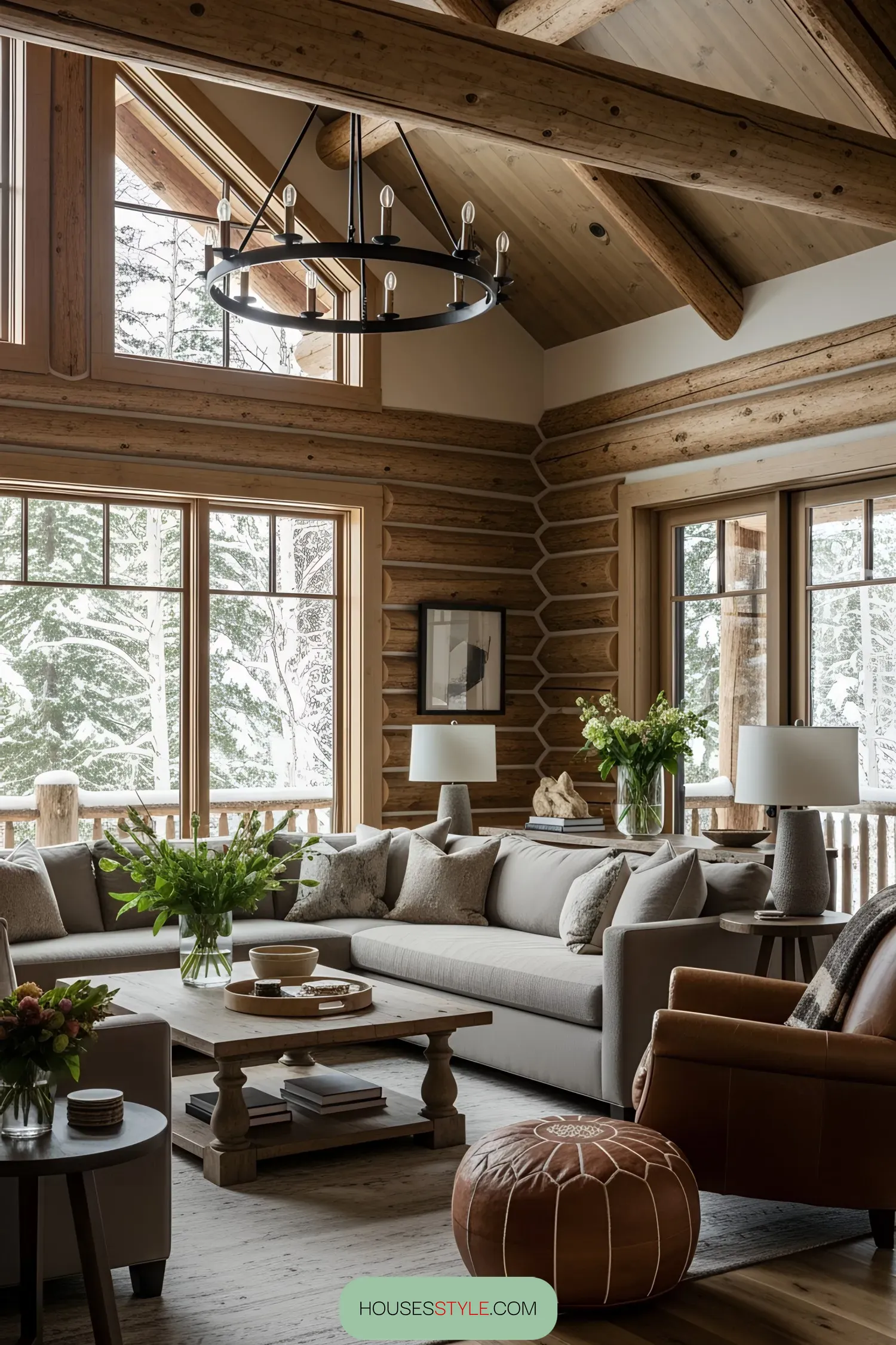 Bright and airy log cabin living room with large windows