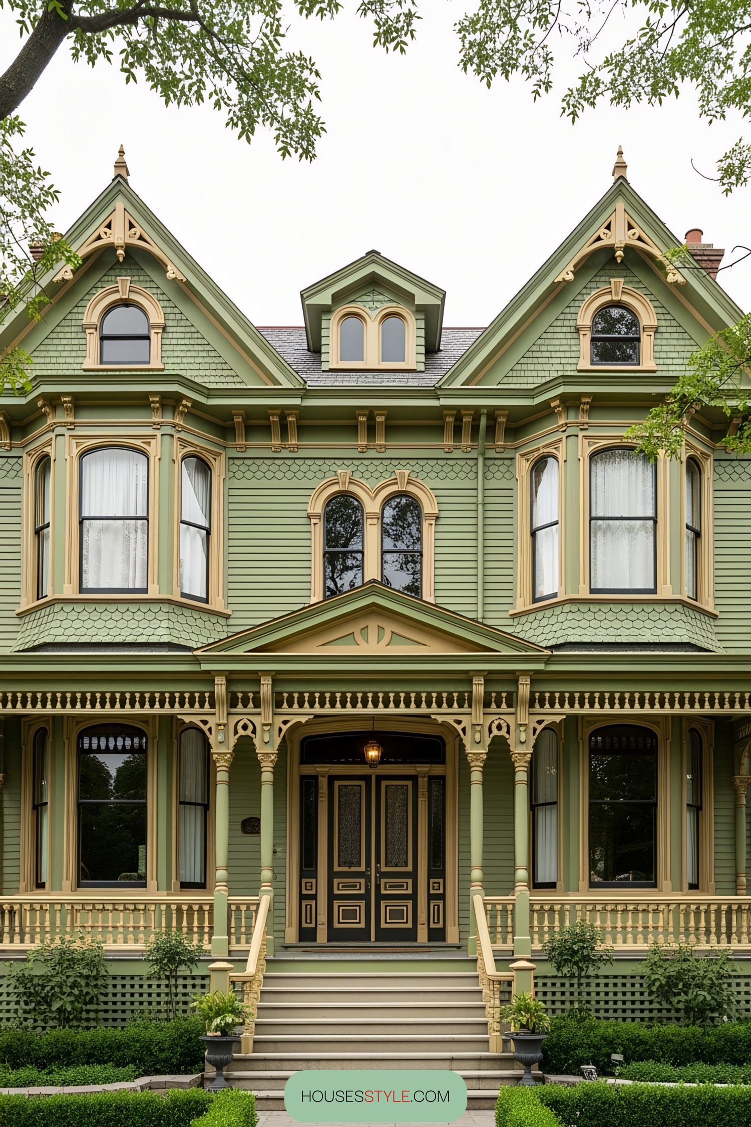Green Victorian house with ornate details