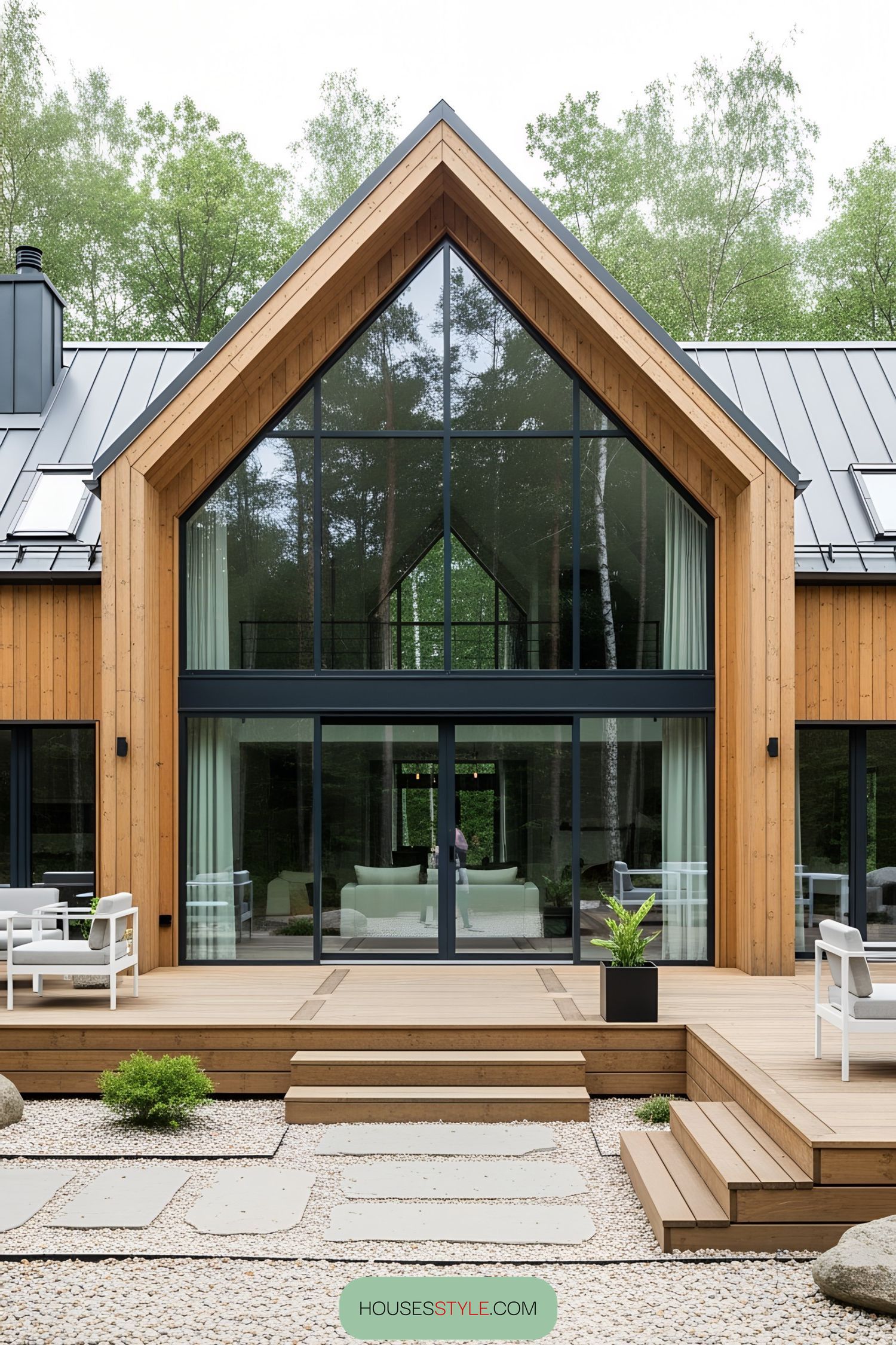 Modern chalet bungalow with expansive glass windows