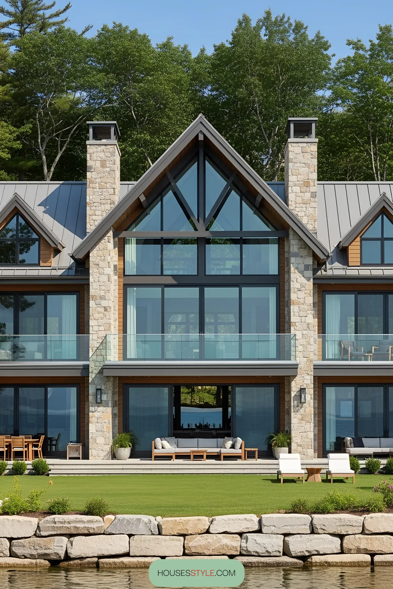 Luxury lake house with large windows and lush lawn