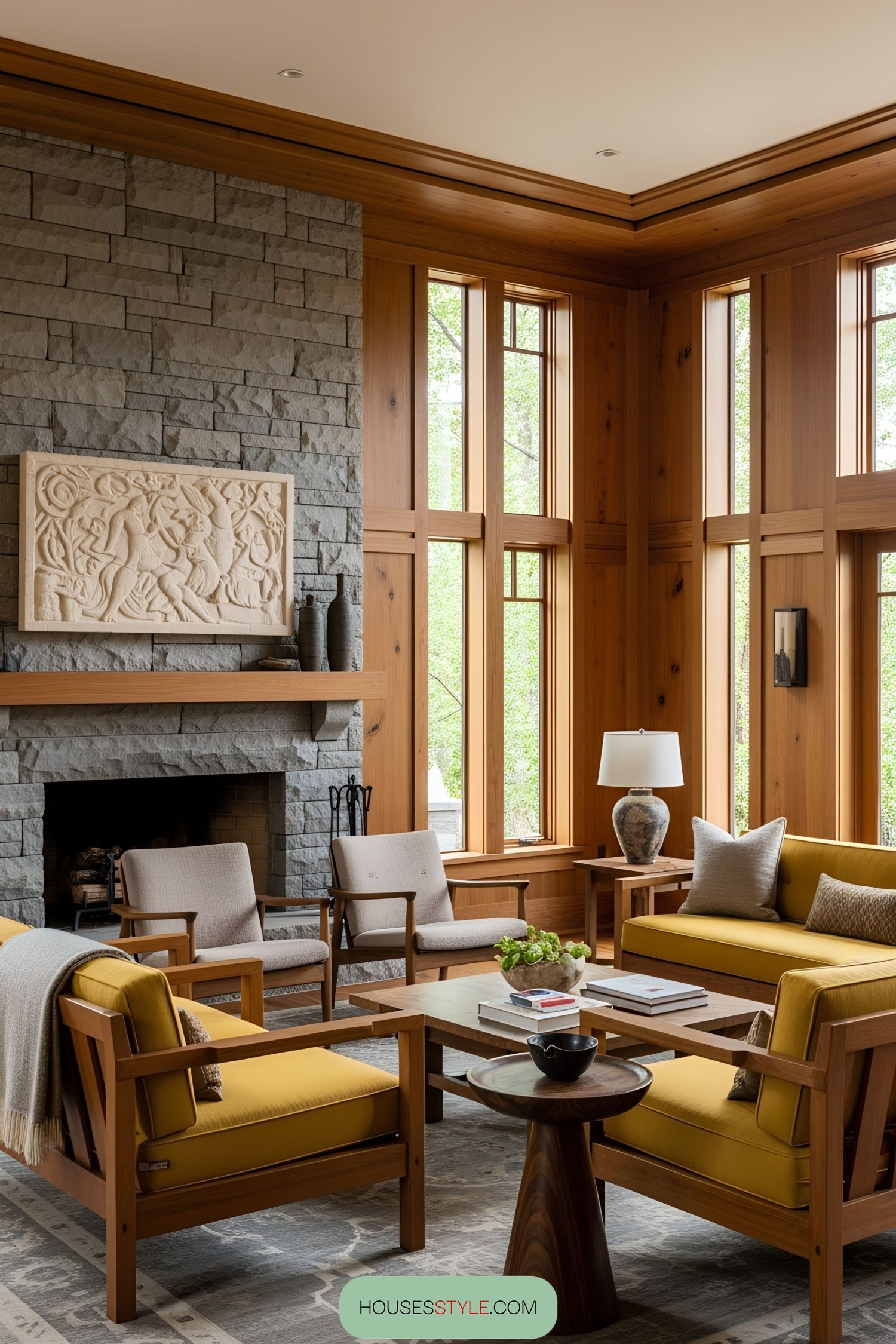 Cozy living room with wood accents and a stone fireplace