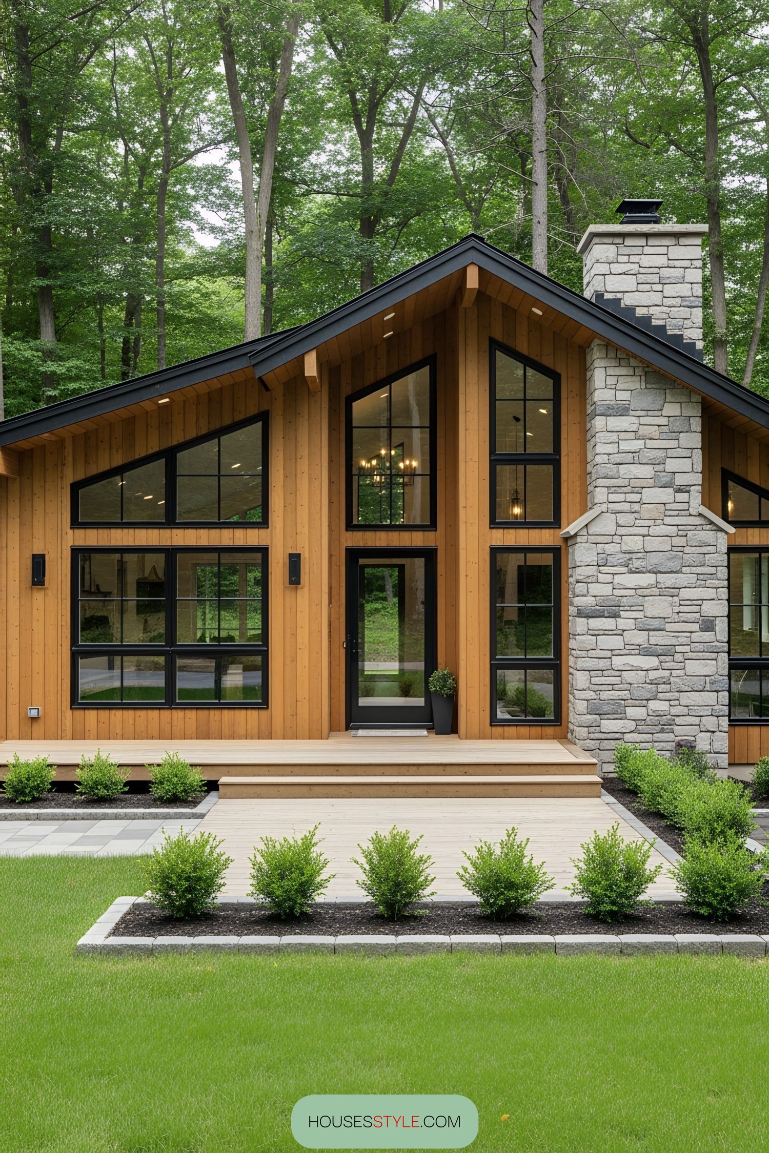 Charming rustic house with large windows and a stone chimney