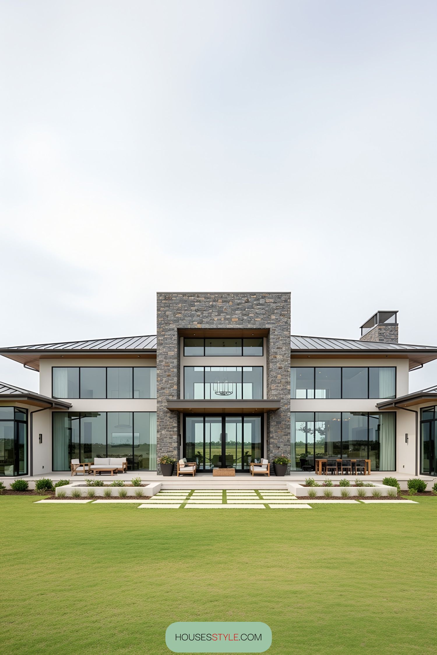 Modern house with large windows and stone facade