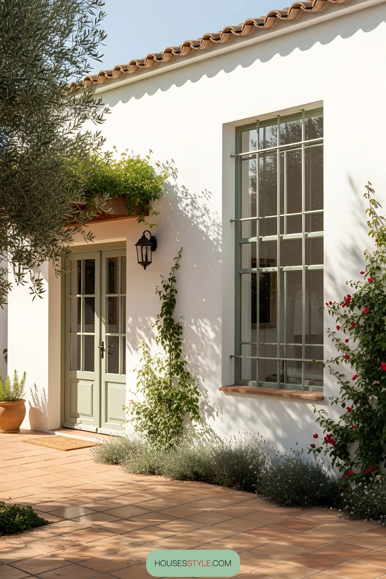 Sunlit coastal house with terracotta tiles and lush greenery