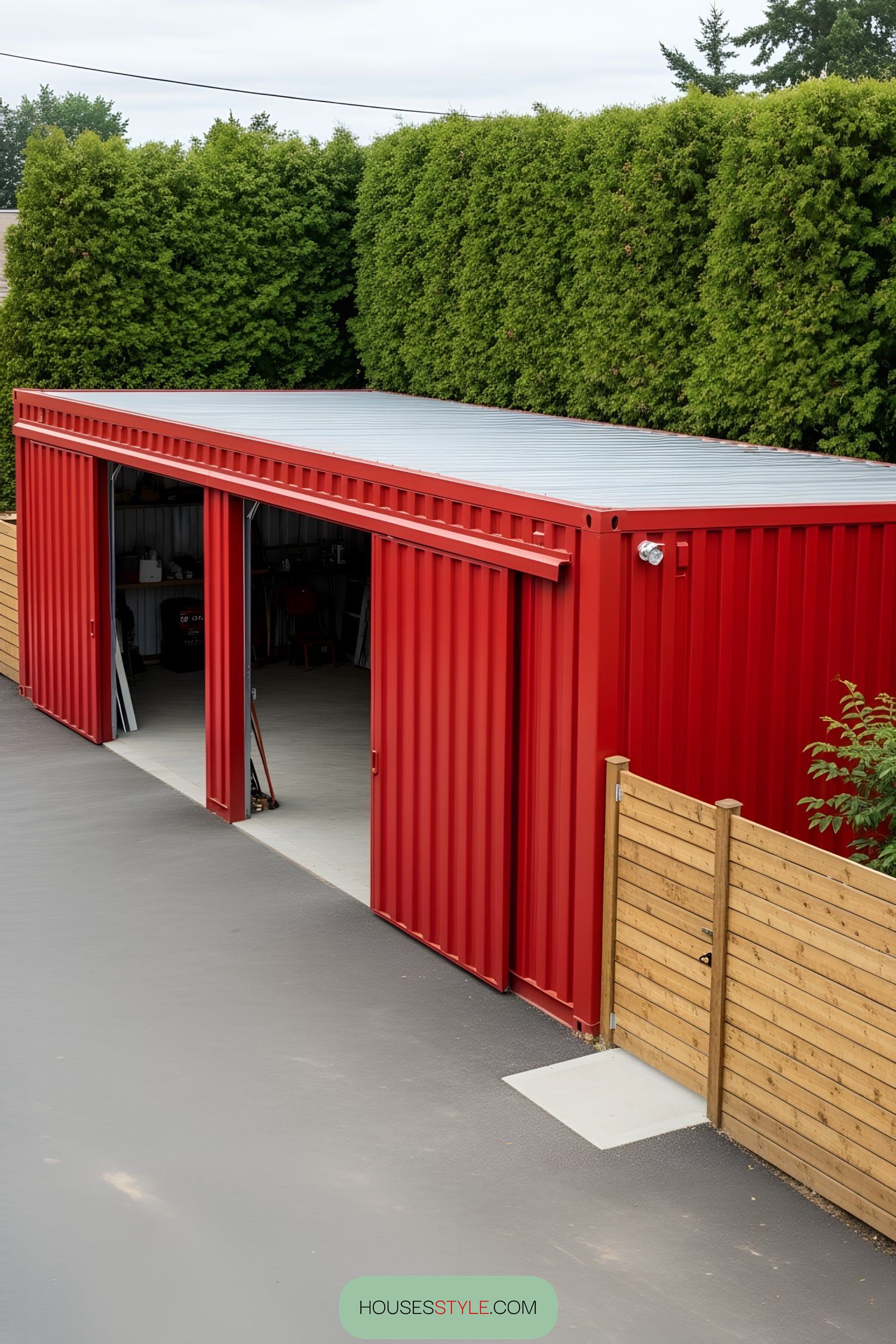 Red shipping container workshop with open sliding doors in a green setting