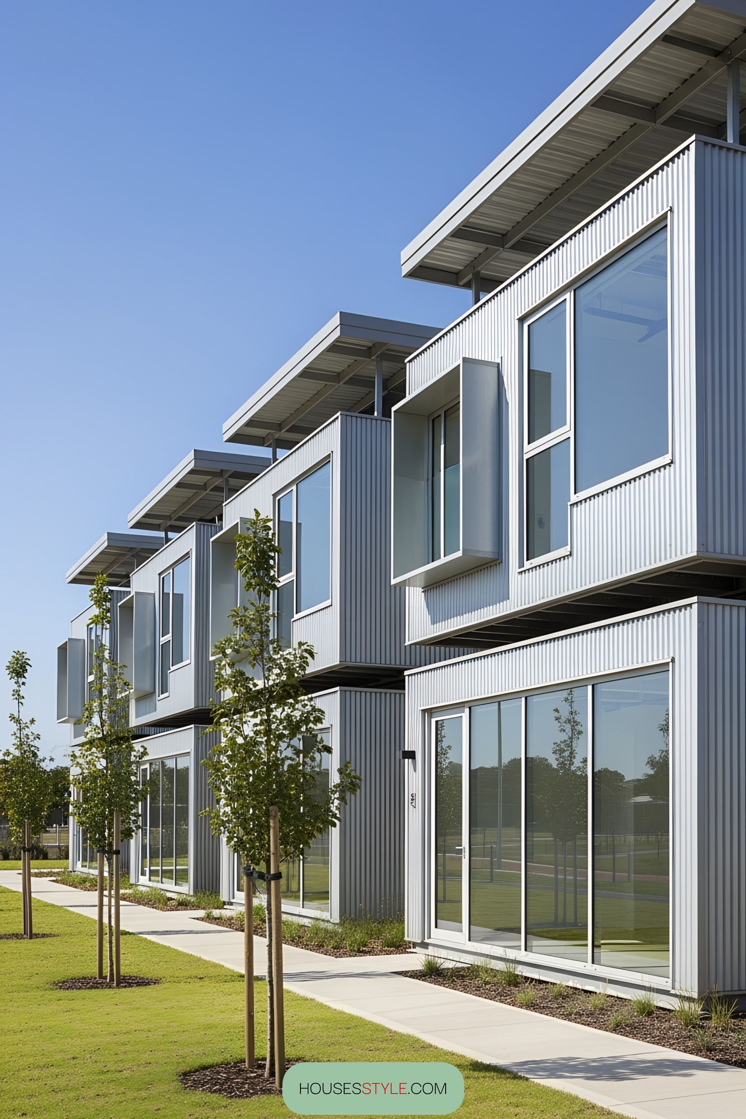Contemporary container office with metal cladding and large windows
