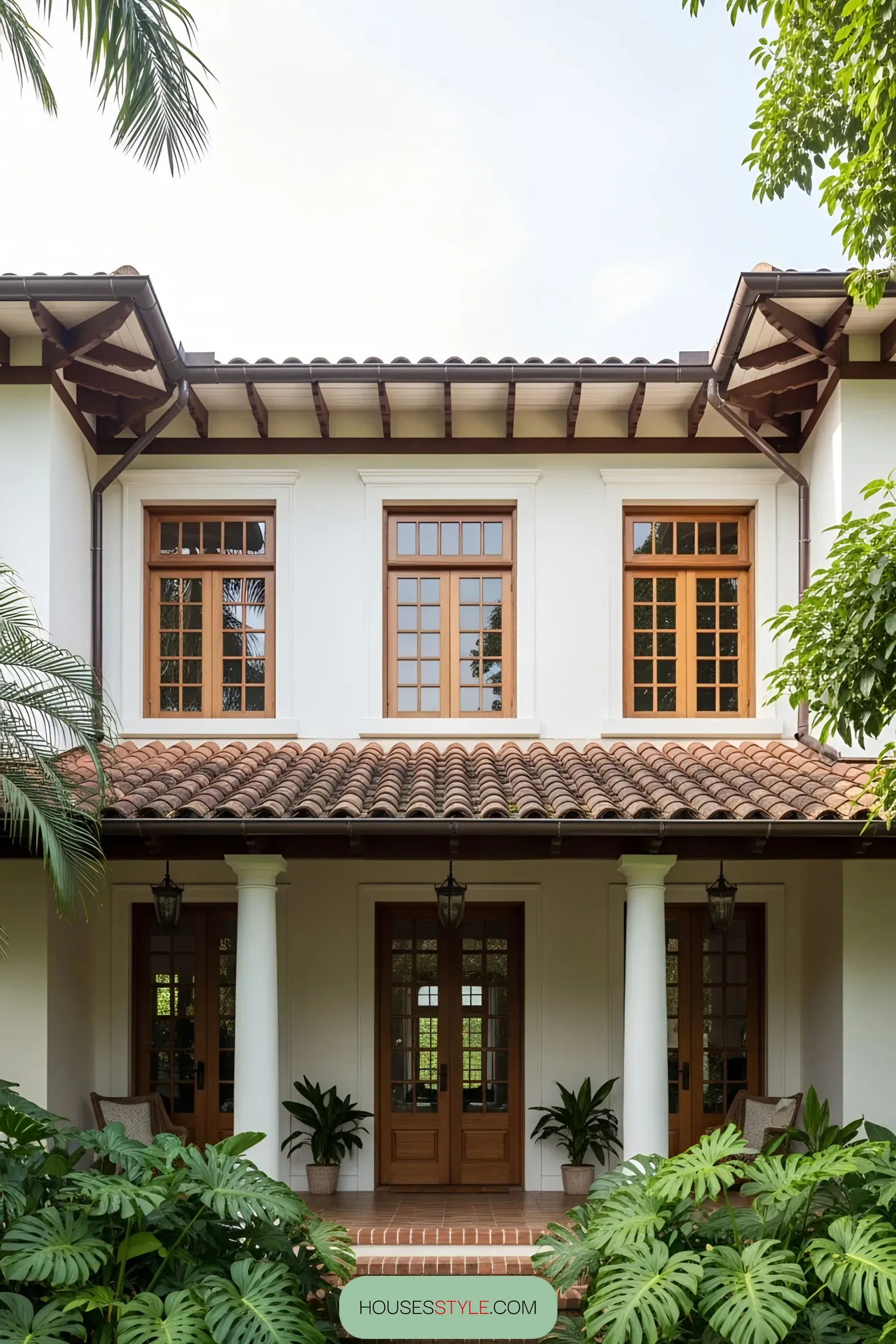 Colonial-style house with lush greenery and classic columns