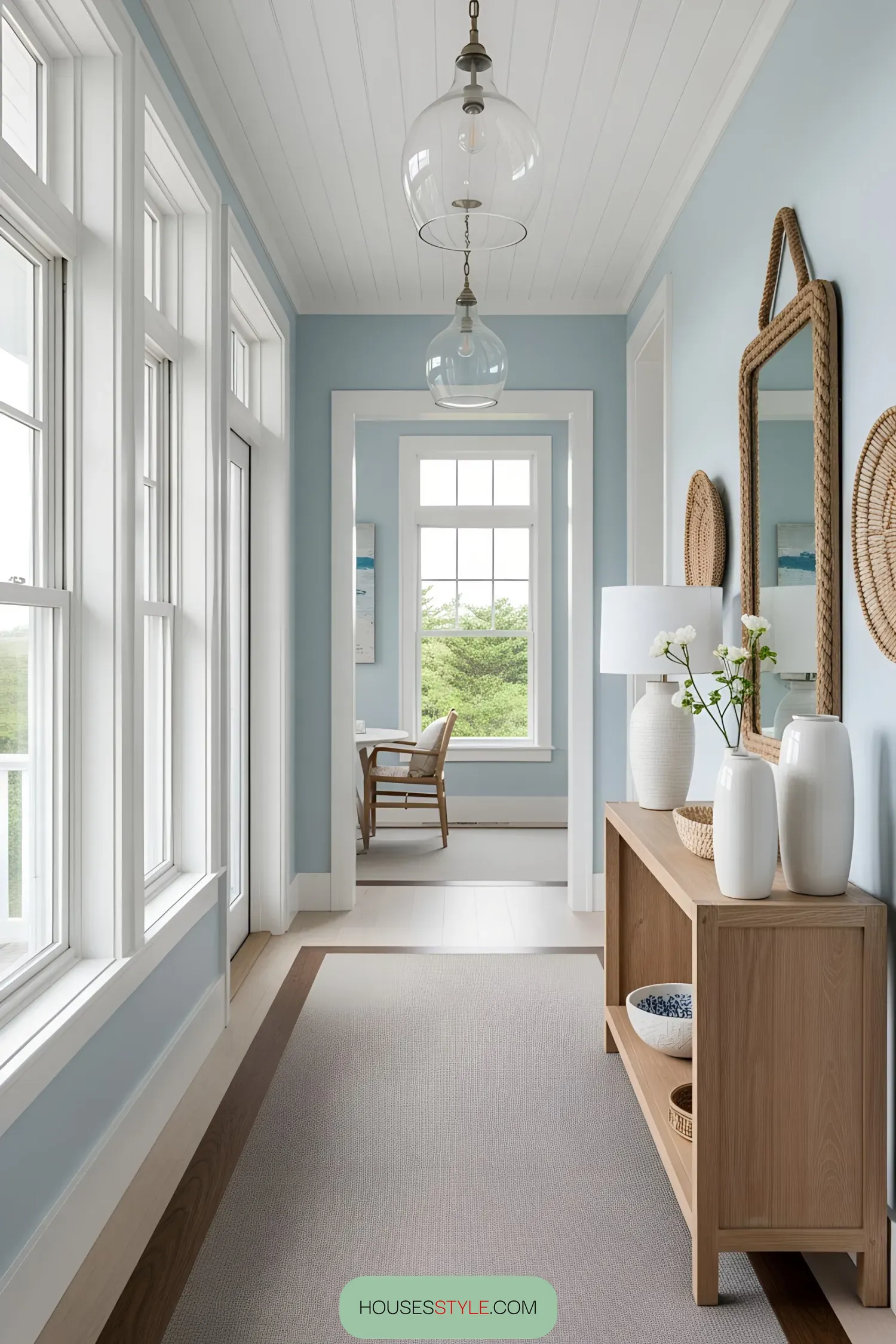 Bright hallway in a beach house with large windows and a wooden console table