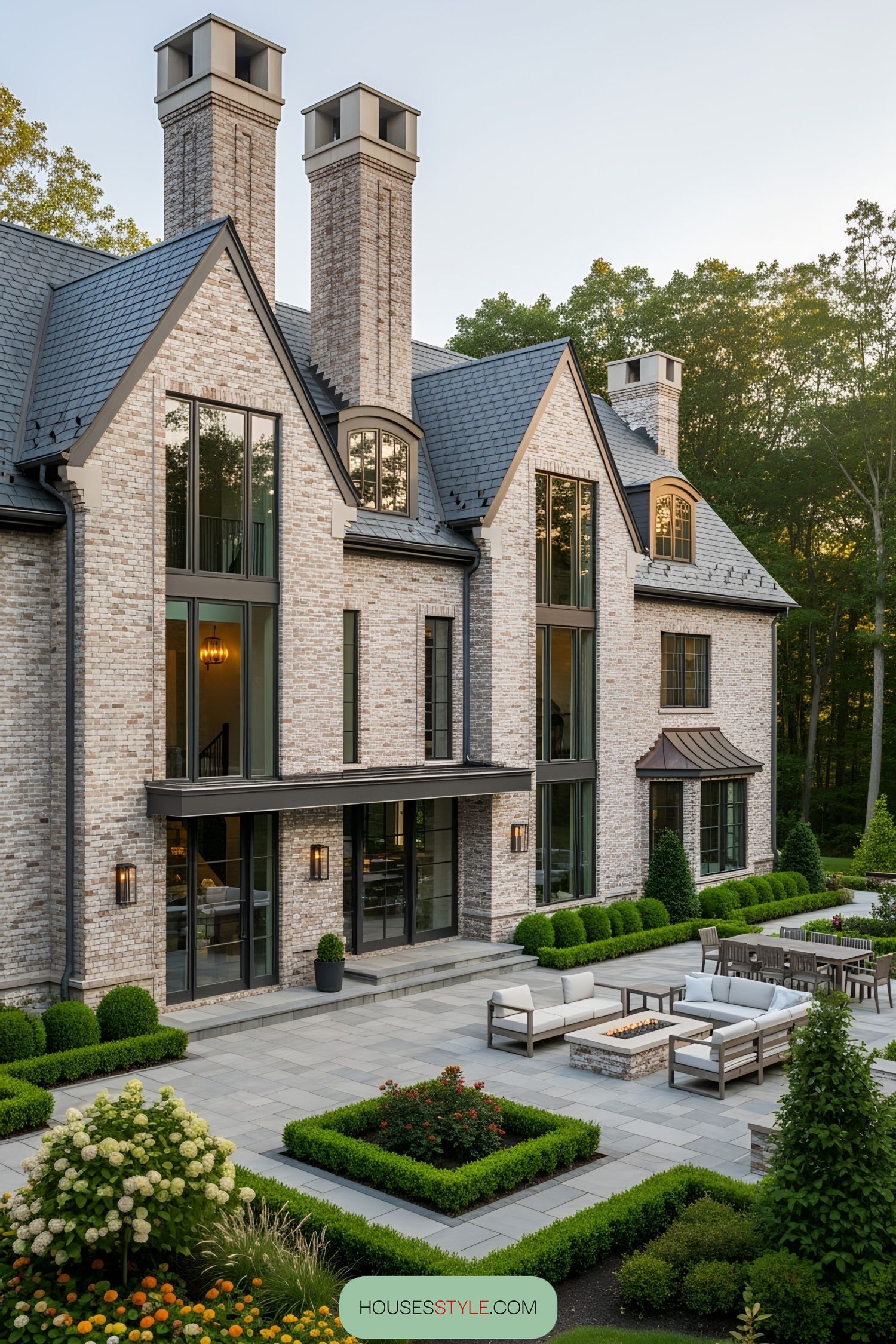 Stunning brick house with tall chimneys and large patio