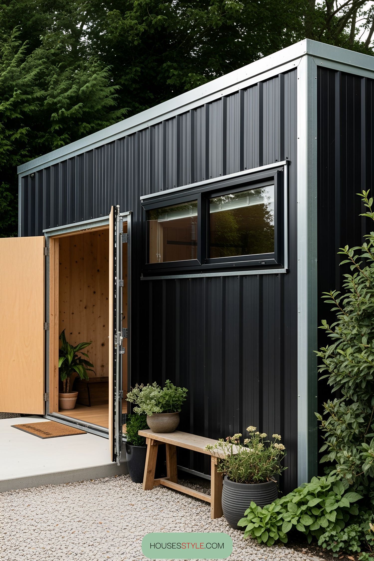 Sleek shipping container with planters and a cozy entrance