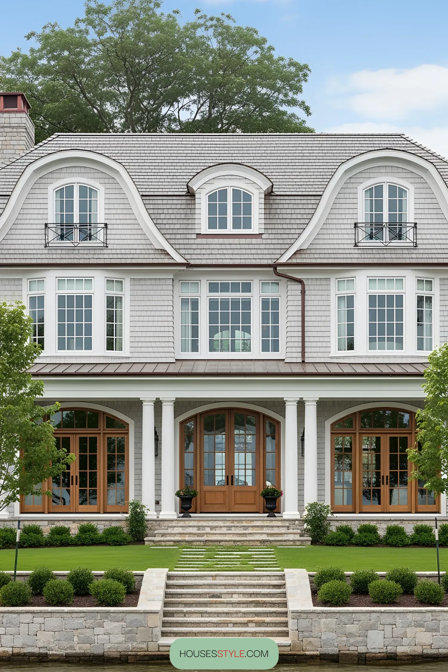 Elegant lakefront home with a classic design and well-manicured lawn