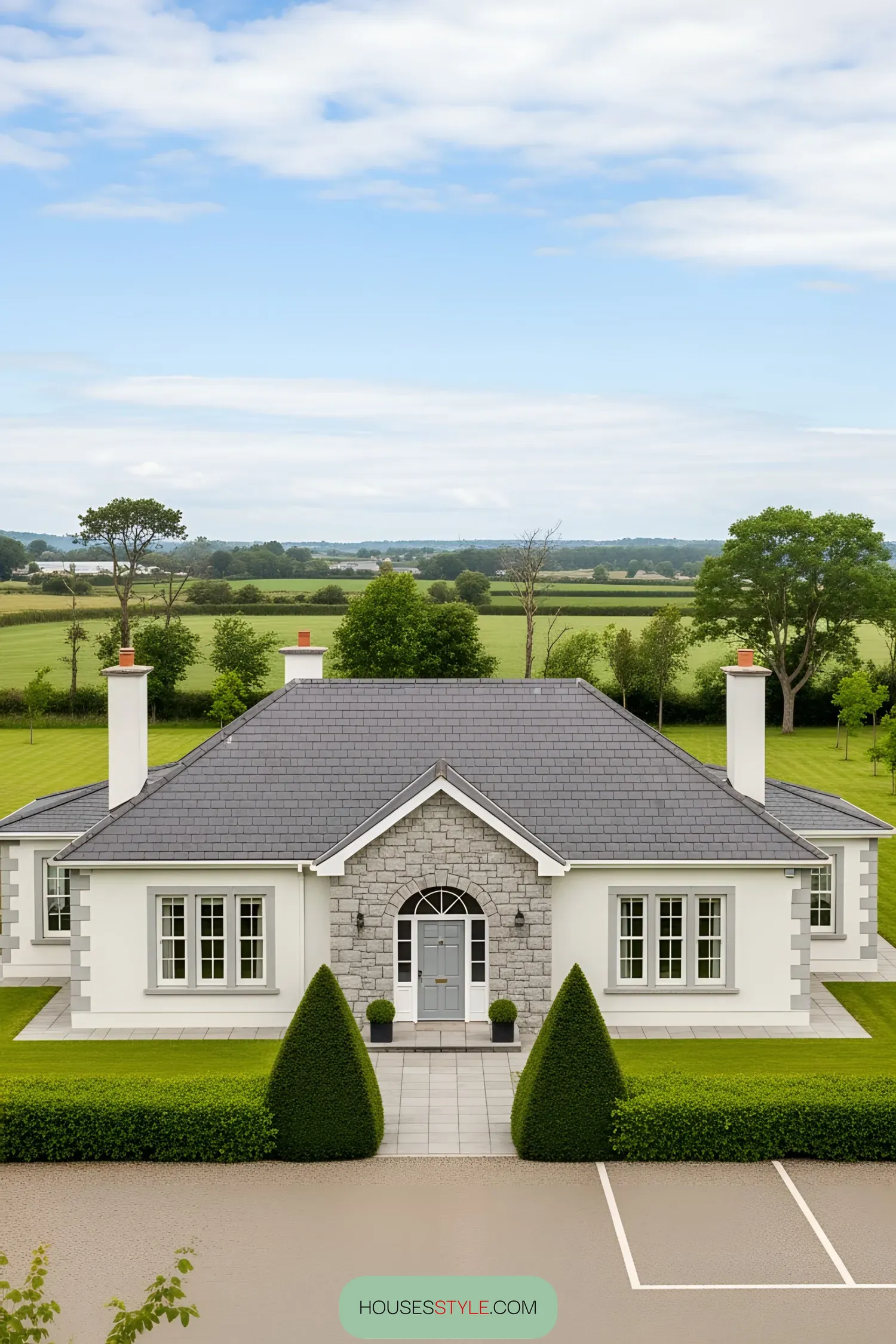 White bungalow with chimney stacks set amidst lush fields