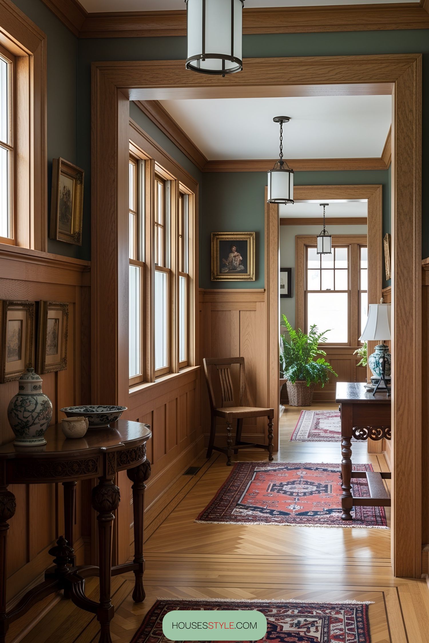 A warm hallway with wood trim and vintage décor