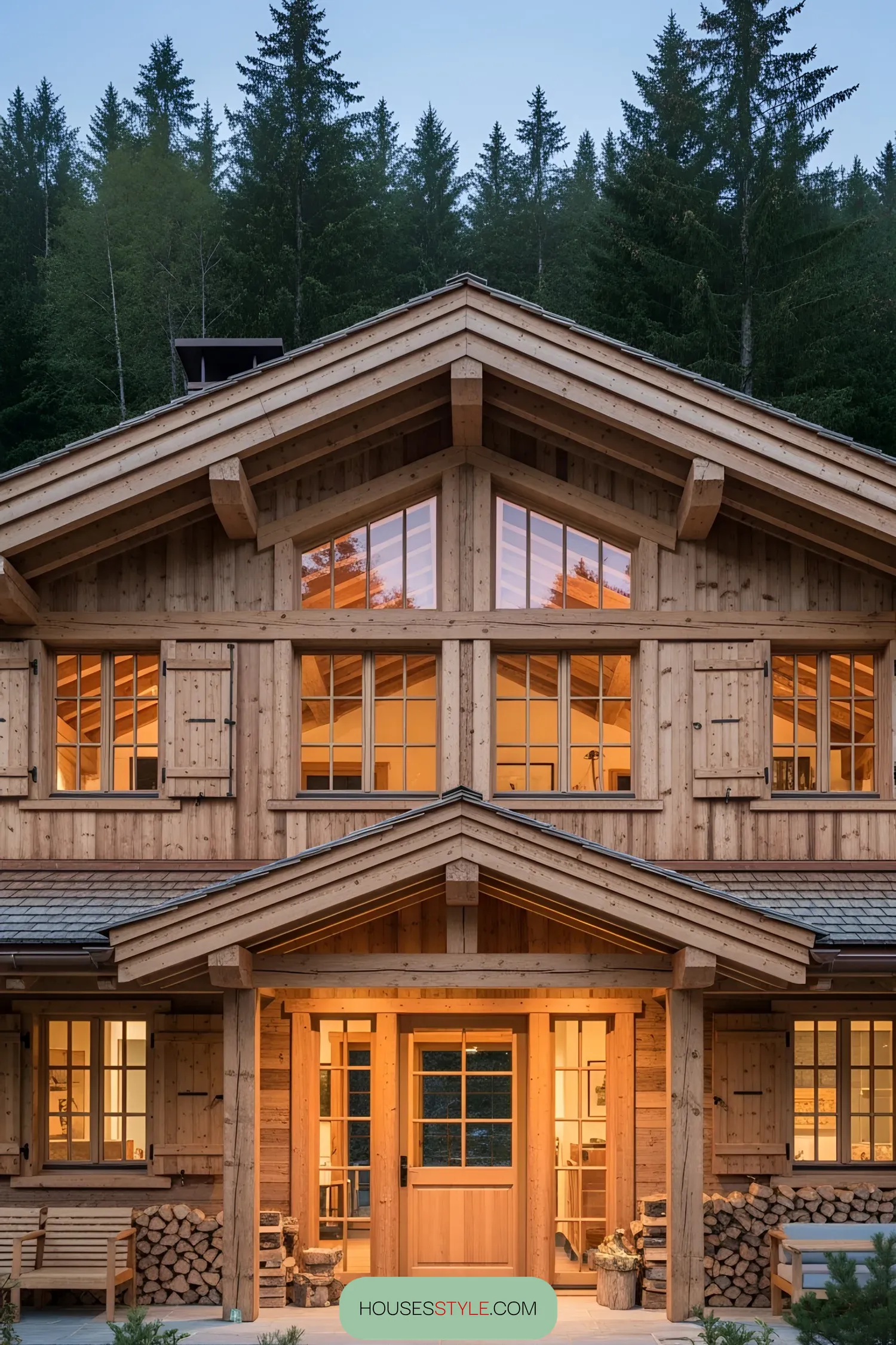 Rustic wooden chalet with warm lighting against a forest backdrop