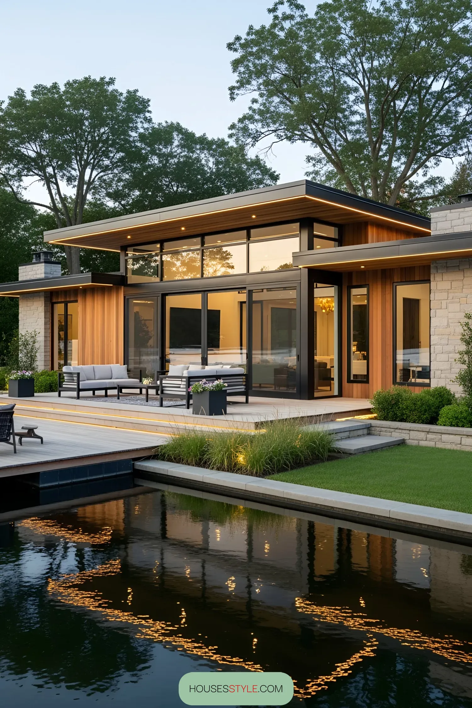 Modern lake house with patio, sleek design, and lush greenery