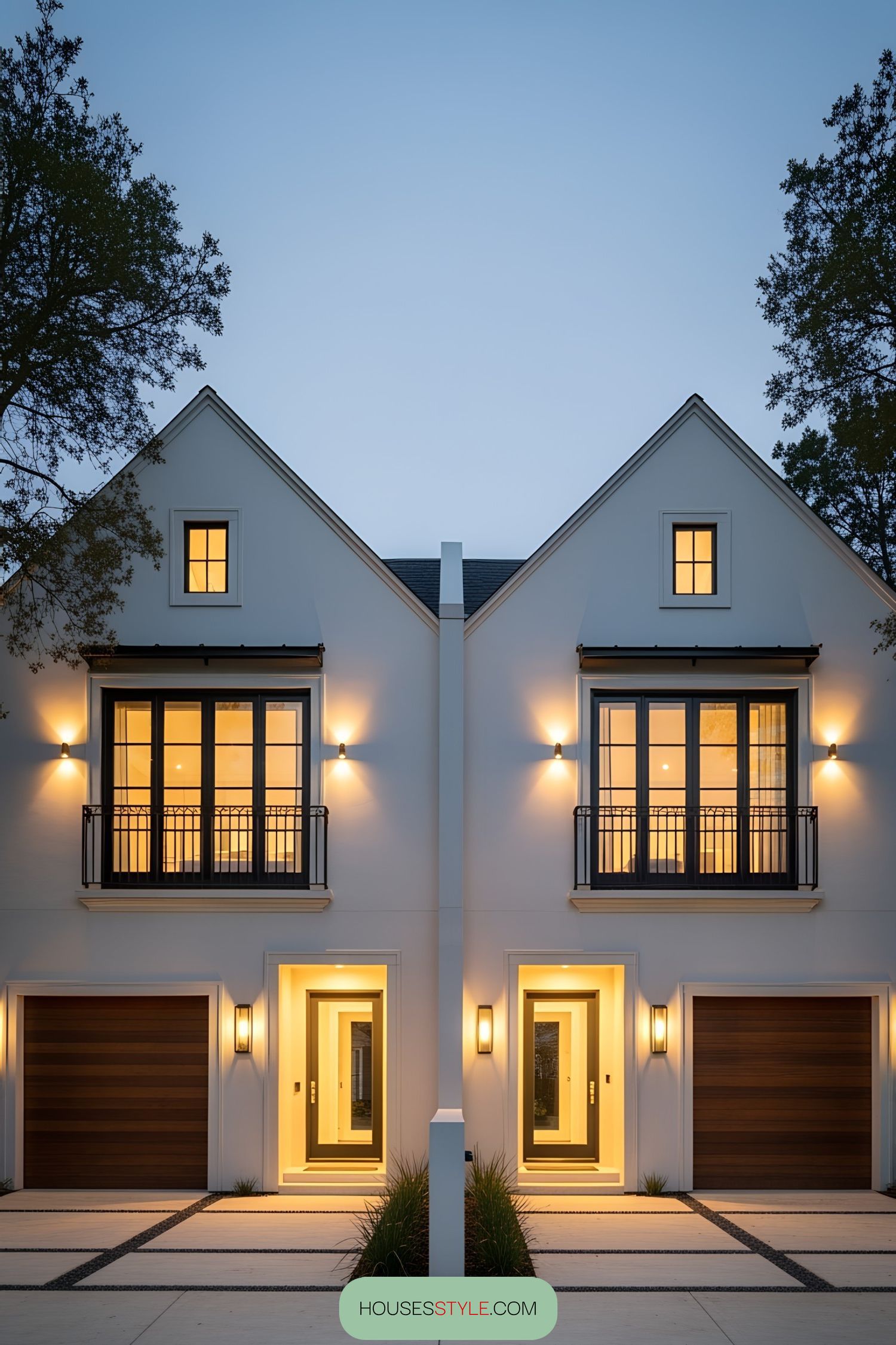 Illuminated modern duplex facade with gable roofs