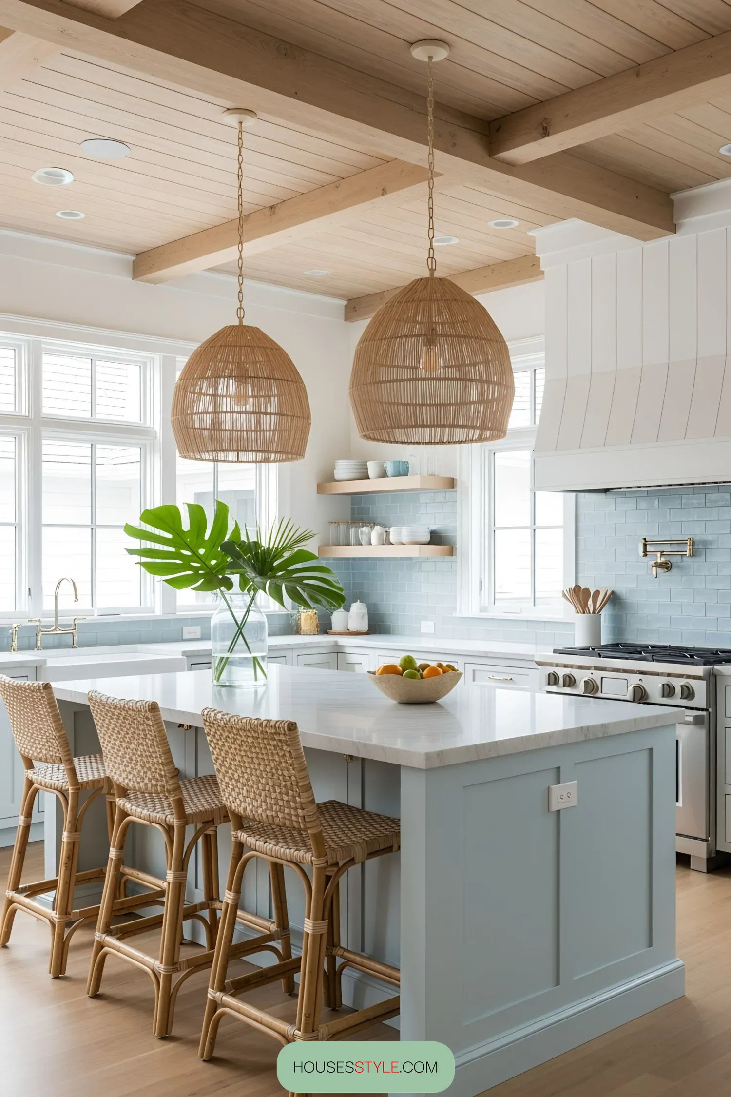 Bright kitchen with woven lights and light blue accents