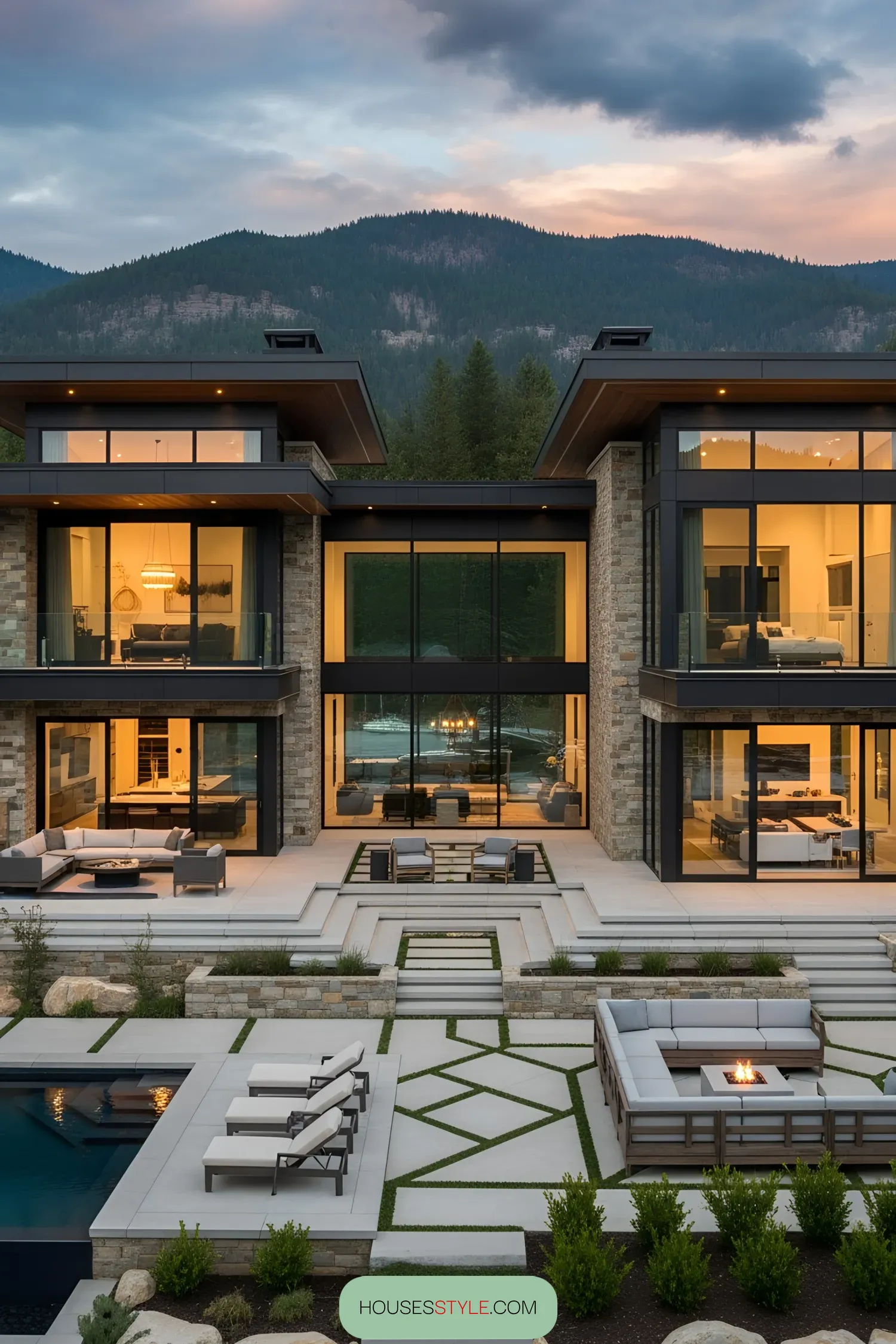 Lakeside luxury home with modern design and mountain backdrop
