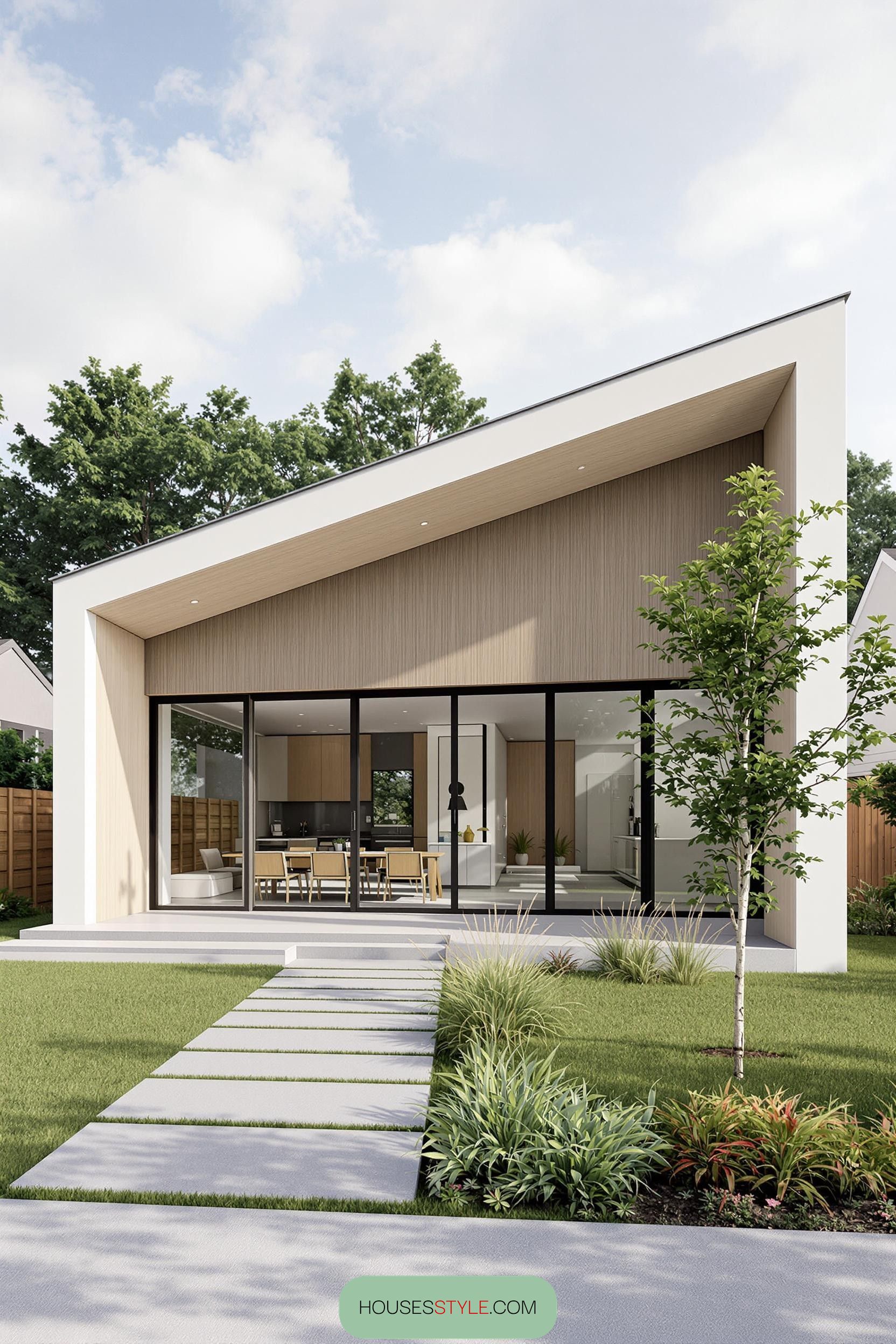 Modern bungalow with large glass windows and garden path
