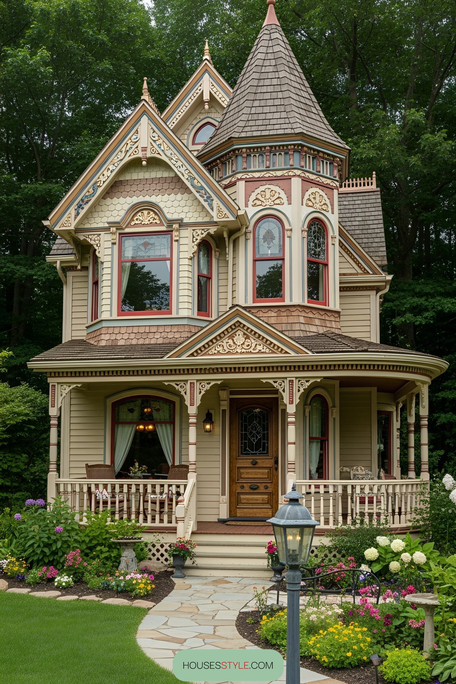 Victorian tiny house with intricate details and lush garden