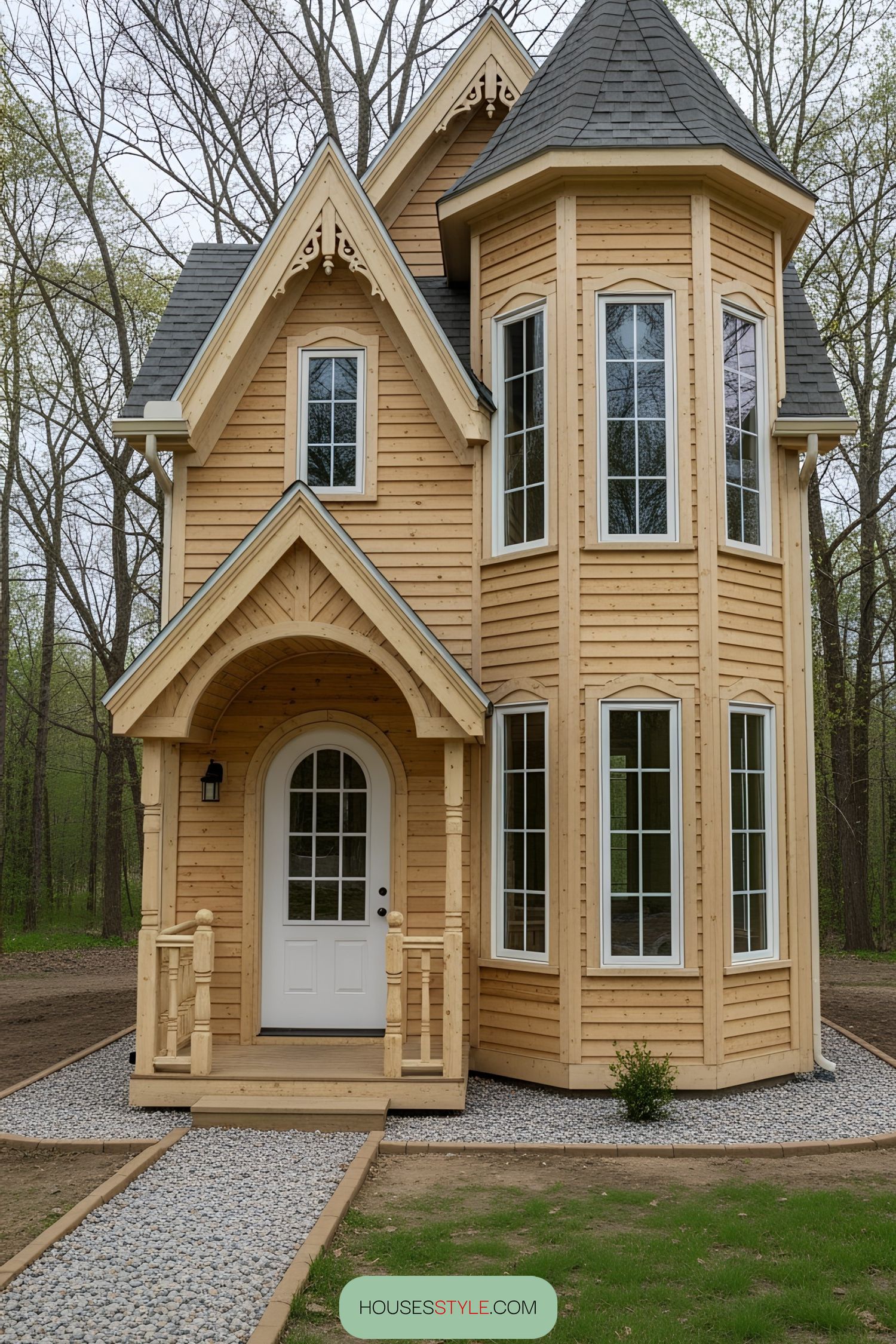 Victorian-style tiny house with wooden exterior