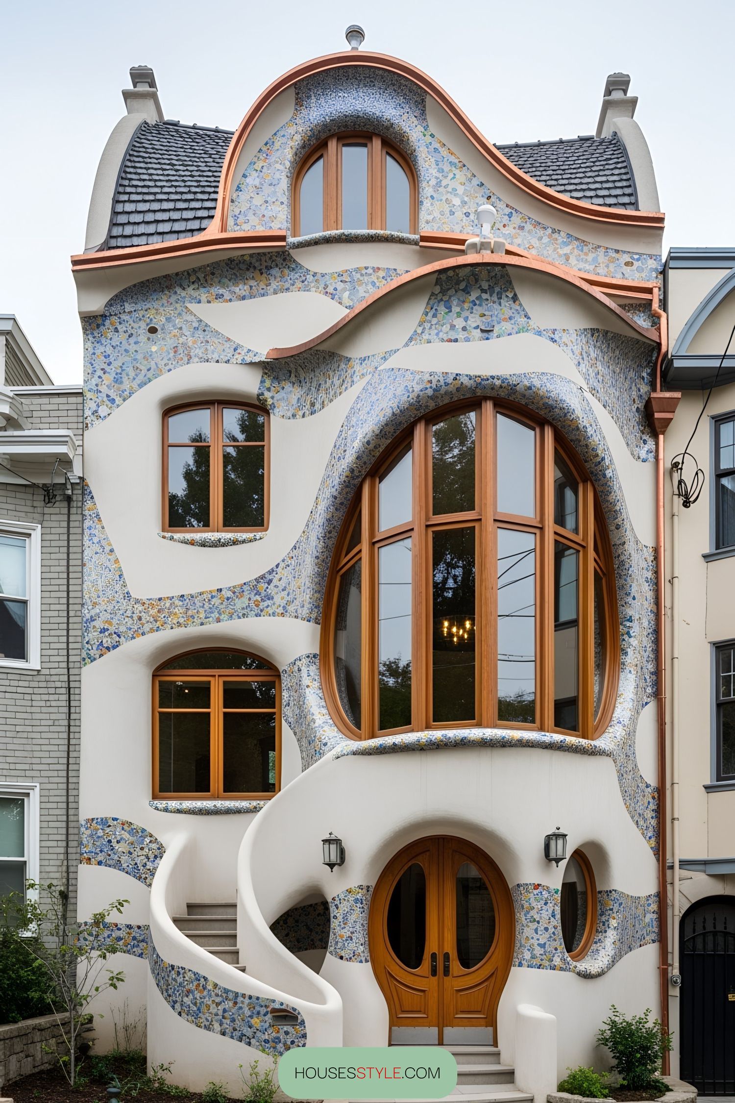 Quirky house with colorful mosaic façade