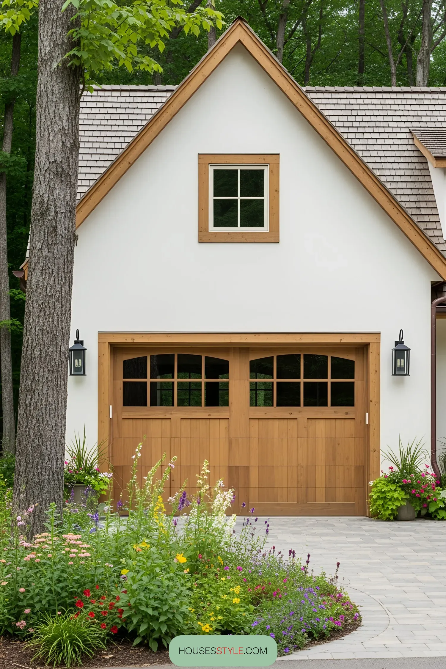 Garage with wooden door, surrounded by colorful flowers